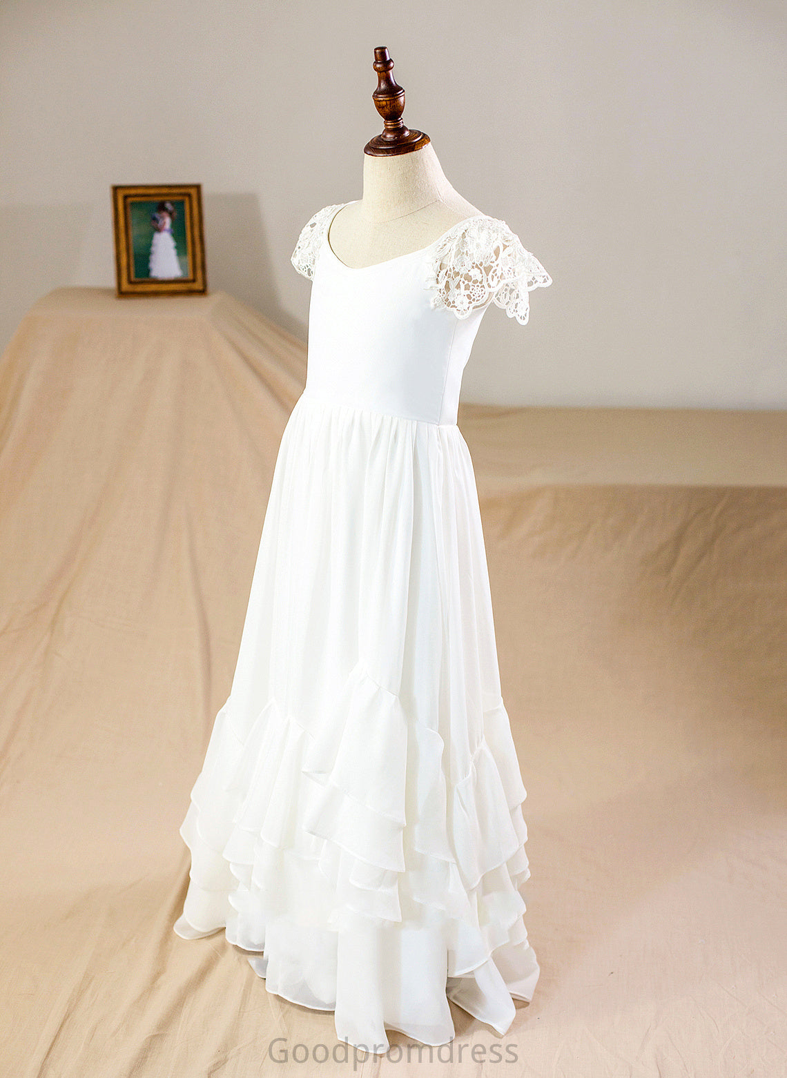 A-Line Neck Lace Floor-length Sleeves Dress With Flower Girl Dresses Flower Girl Chiffon Ciara Short - Scoop