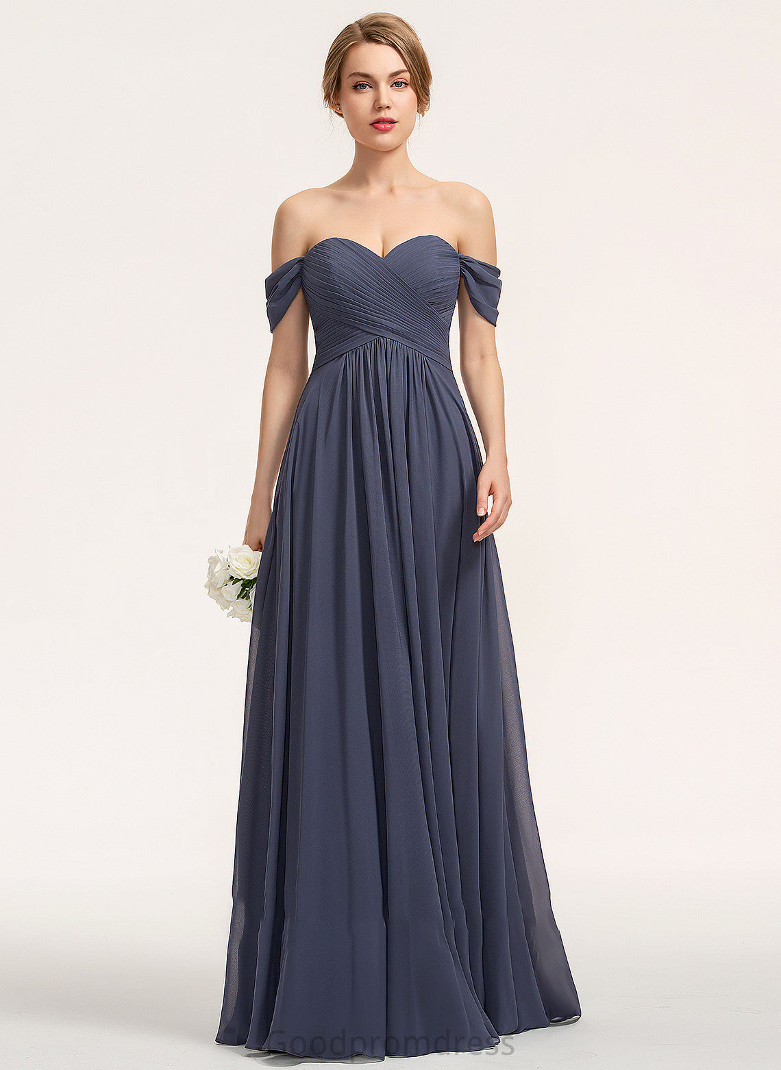 A-Line Floor-Length Fabric Ruffle Off-the-Shoulder Embellishment Length Neckline Silhouette Harriet A-Line/Princess Scoop Bridesmaid Dresses