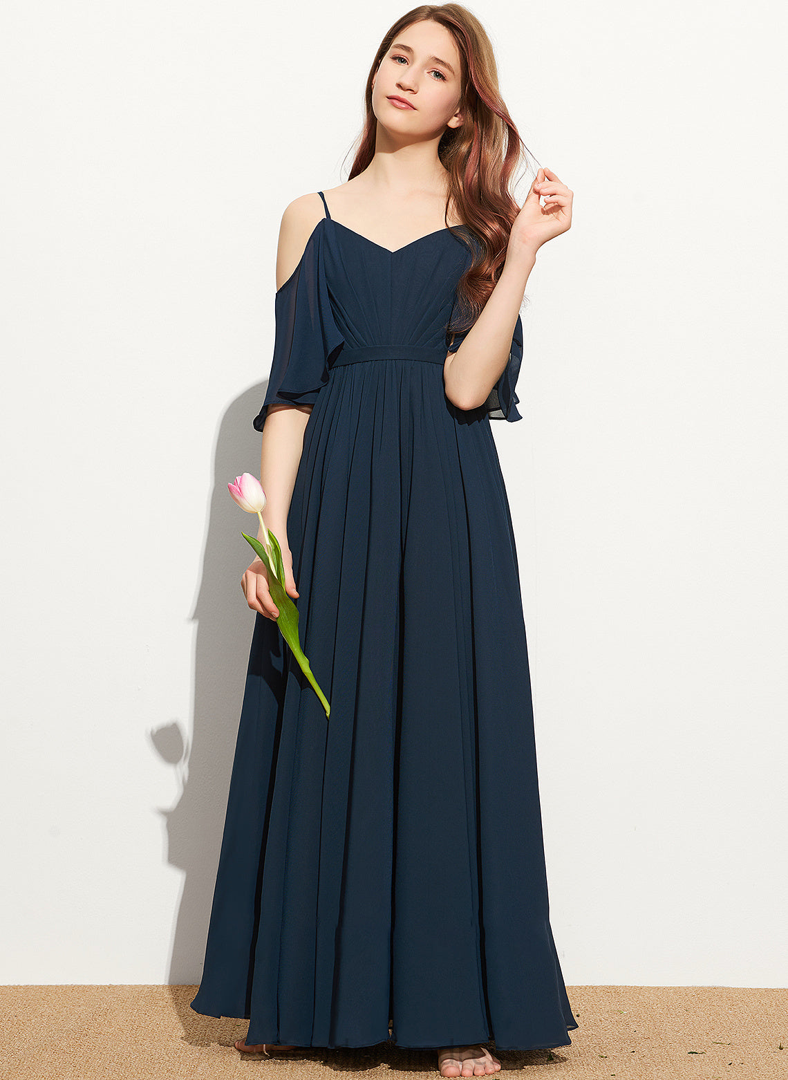 Chiffon Off-the-Shoulder Andrea A-Line Ruffle Junior Bridesmaid Dresses With Floor-Length