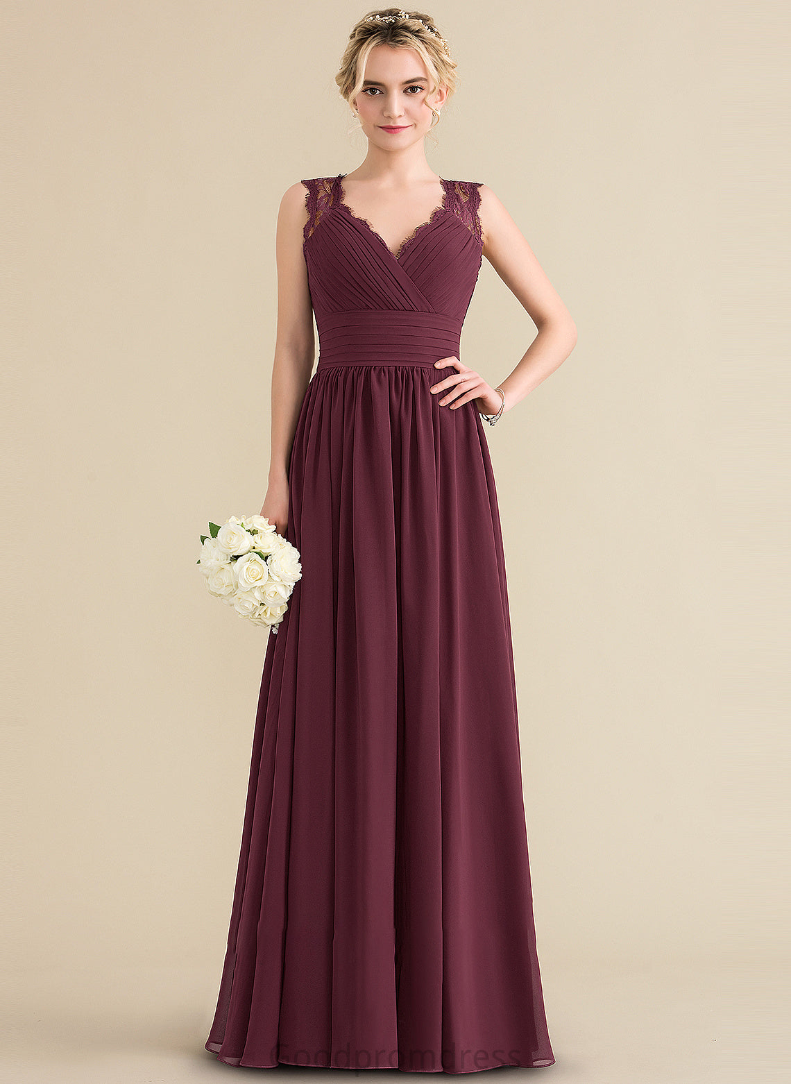 Fabric Floor-Length A-Line Silhouette Ruffle Length Bow(s) Embellishment V-neck Neckline Bianca Floor Length Bridesmaid Dresses