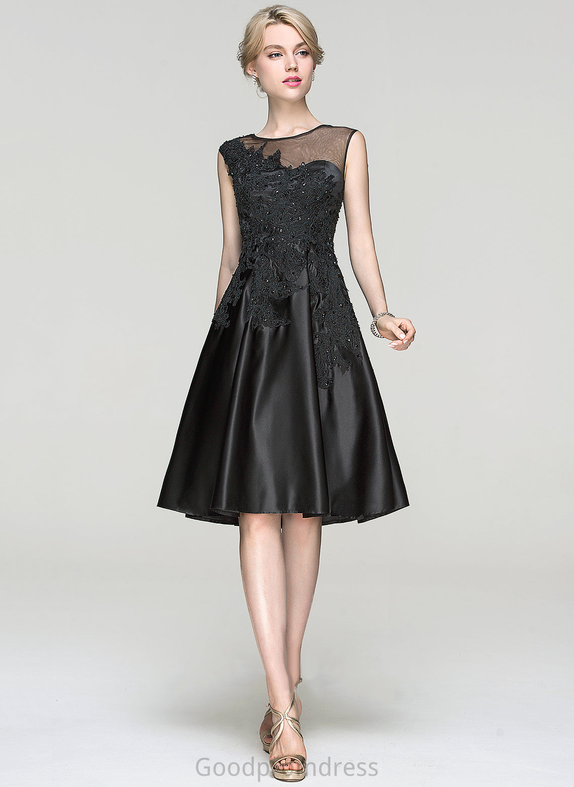 Lace Jasmine Beading Cocktail Dresses Knee-Length Sequins Satin Scoop Dress With Neck Cocktail A-Line Tulle