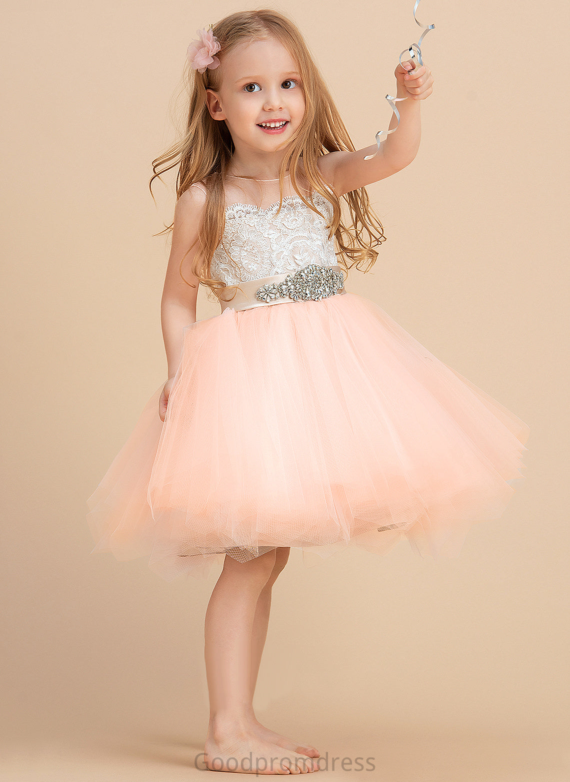 Sleeveless Neck Satin/Tulle/Lace A-Line Scoop Knee-length Beading Flower Girl Dresses Dress Flower (Undetachable Hazel - With sash) Girl