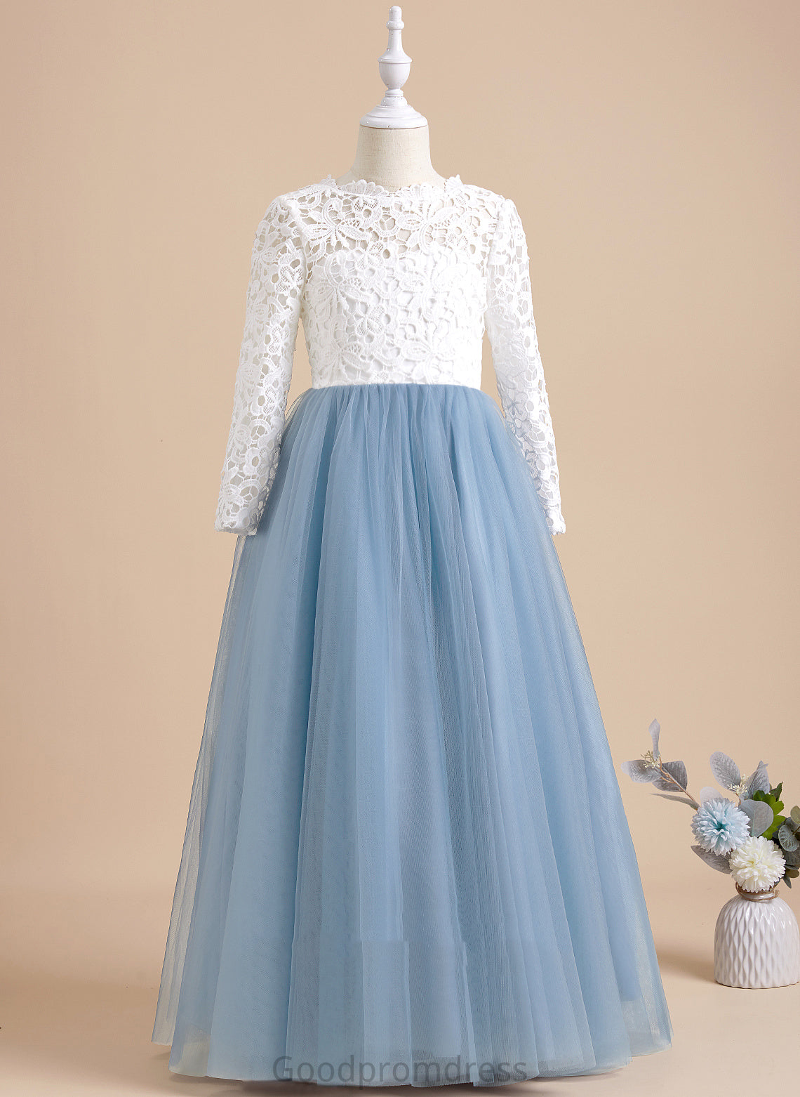 Marisol Dress Bow(s)/V Flower With Scoop Neck Sleeves Floor-length Flower Girl Dresses Ball-Gown/Princess - Long Tulle/Lace Back Girl