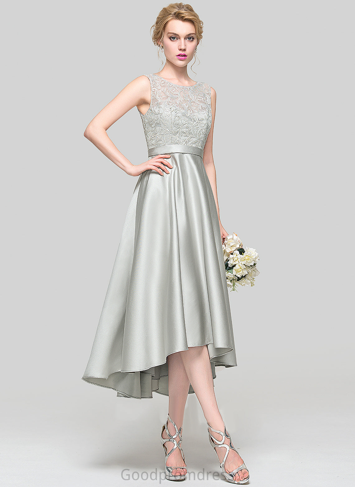 Straps A-Line Satin ScoopNeck Silhouette Neckline Length Lace Asymmetrical Fabric Kaleigh Sleeveless Bridesmaid Dresses