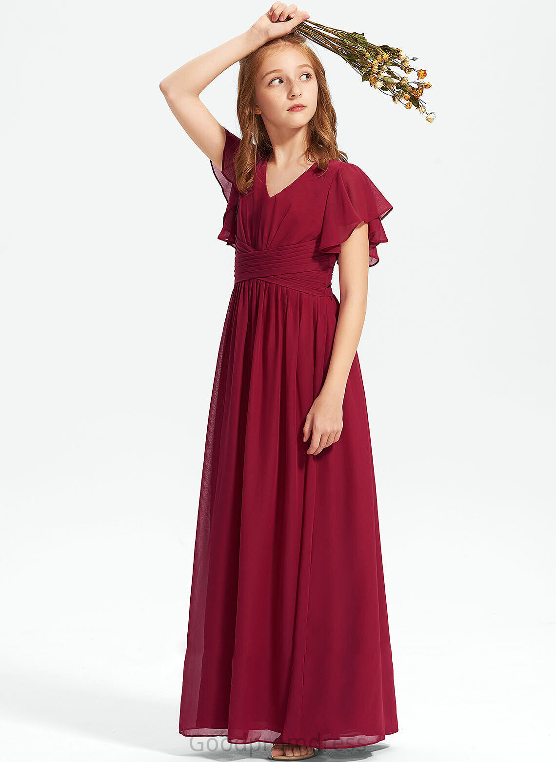 Floor-Length Chiffon Junior Bridesmaid Dresses A-Line With V-neck Ruffle Cheryl