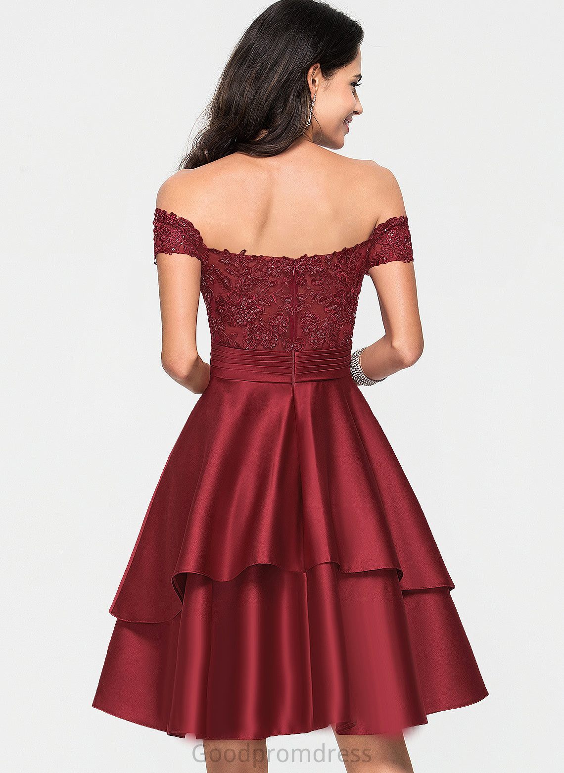 A-Line Lace Knee-Length Cocktail Satin Dress With Daniella Off-the-Shoulder Cocktail Dresses Sequins