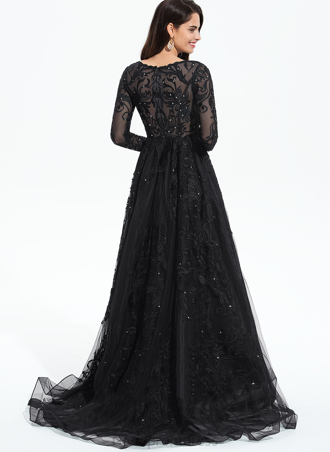 Ball-Gown/Princess Train V-neck With Aubree Lace Prom Dresses Sequins Sweep Tulle