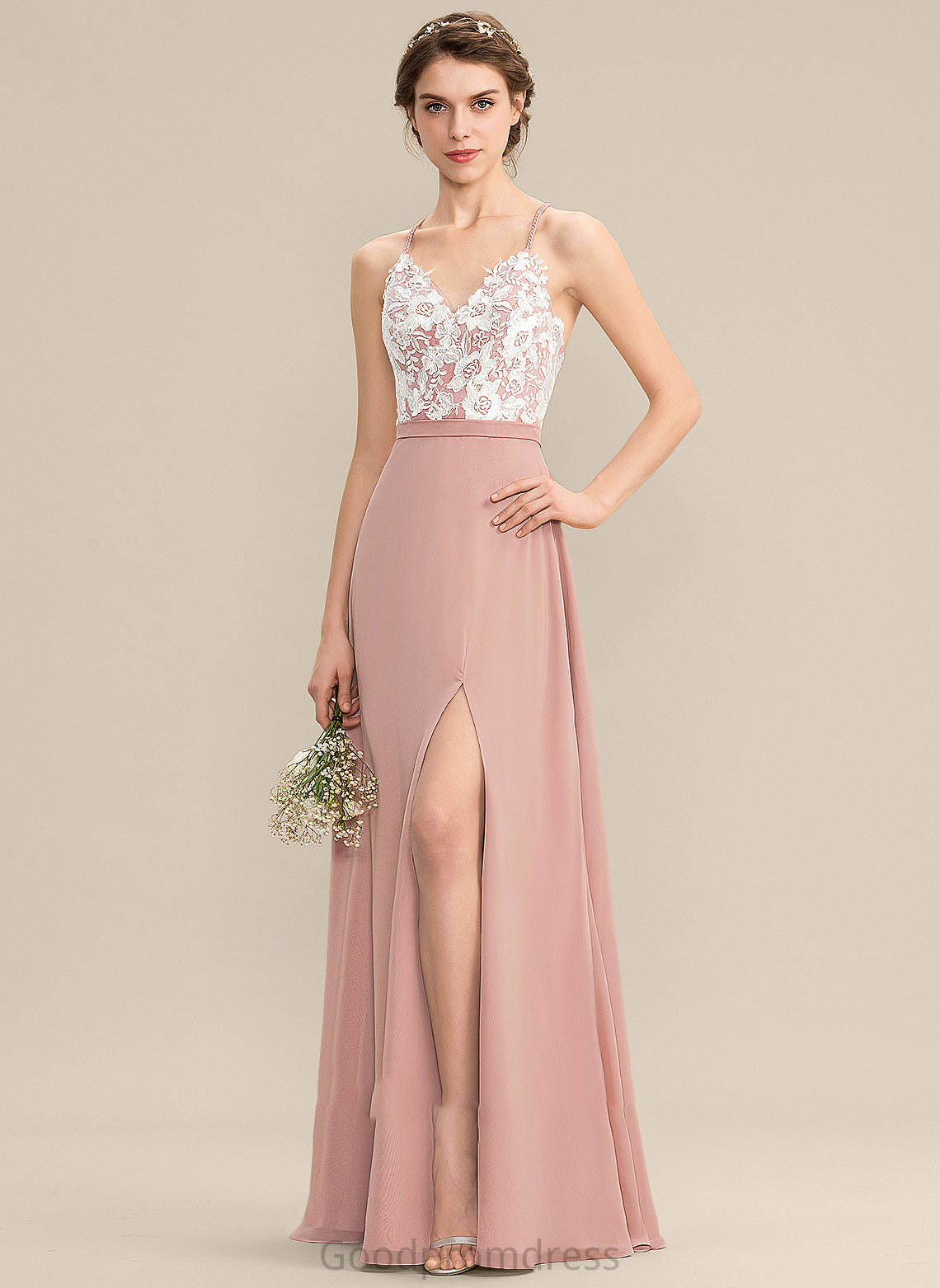 Floor-Length V-neck Silhouette A-Line Embellishment Neckline Fabric SplitFront Length Nicky Sweep-Brush Train Sleeveless Bridesmaid Dresses