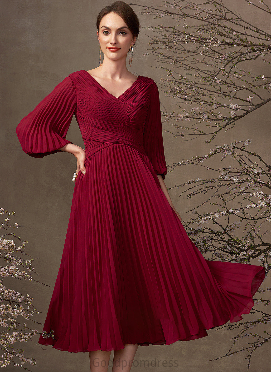 Chiffon V-neck Bride Dress Mother the A-Line of Mother of the Bride Dresses With Tea-Length Harper Pleated