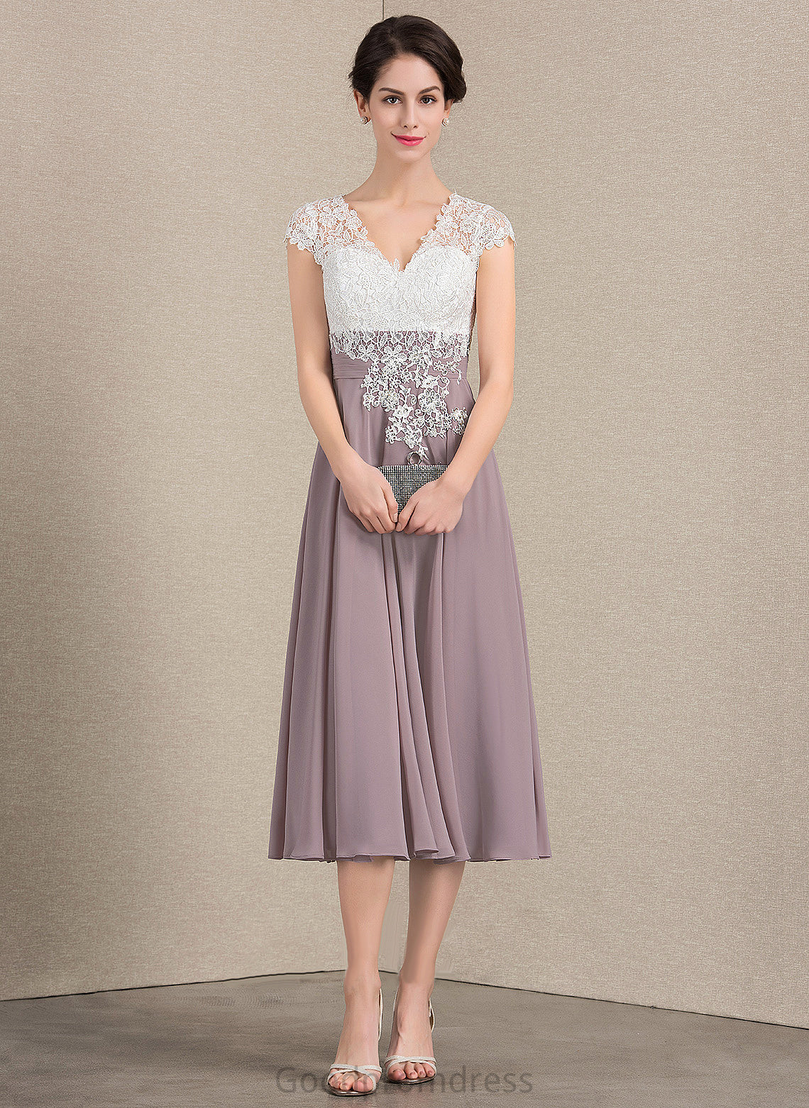 Dress Lace Mother of Bride Mother of the Bride Dresses the Chiffon V-neck A-Line Carlie Tea-Length