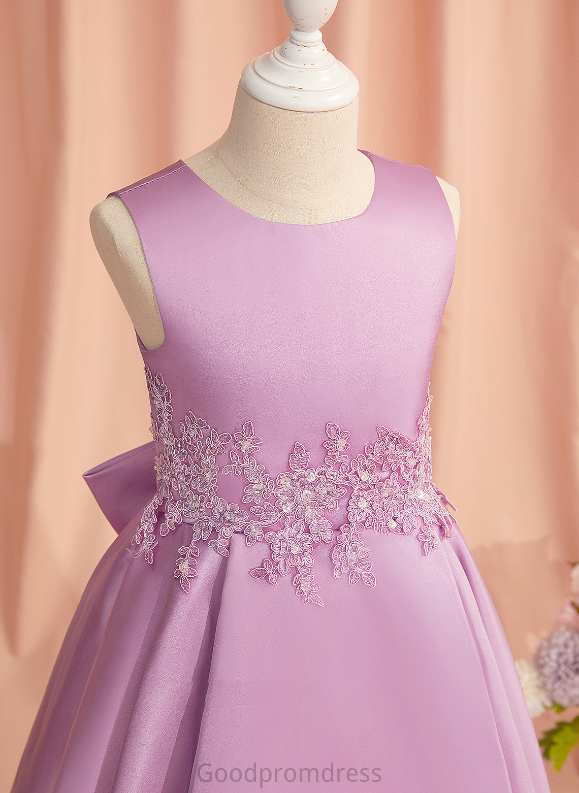 Lace/Beading/Bow(s) Peggie - Satin/Tulle Neck A-Line Scoop Dress With Sleeveless Flower Girl Flower Girl Dresses Asymmetrical