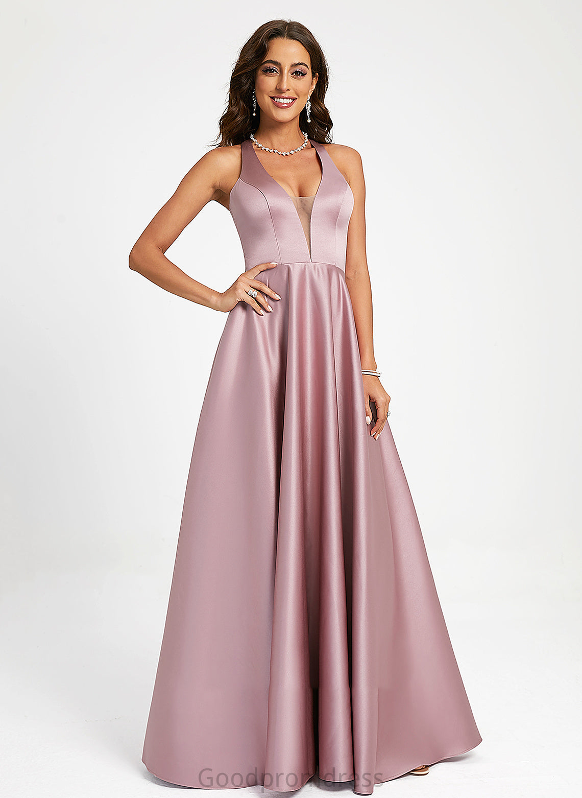 Aniyah Prom Dresses Satin A-Line V-neck Floor-Length