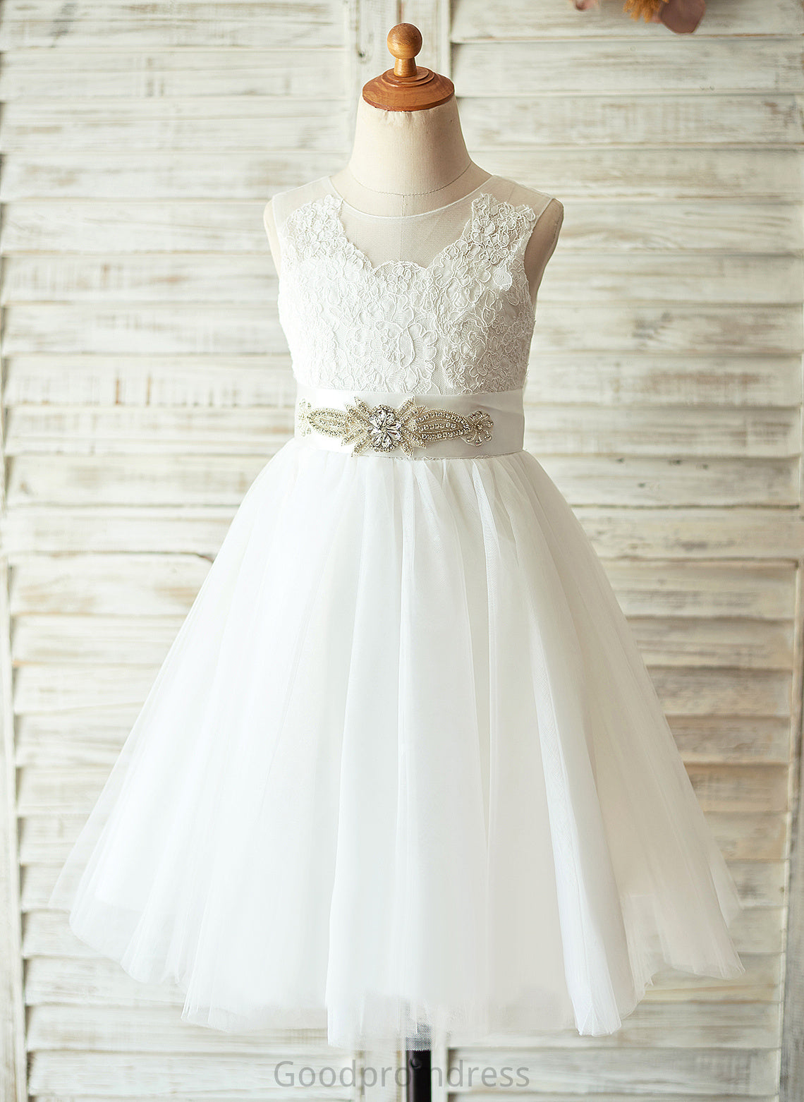 Girl Dress With - Neck Knee-length Scoop Flower Girl Dresses A-Line Sleeveless Bailey Bow(s) Flower Tulle/Lace