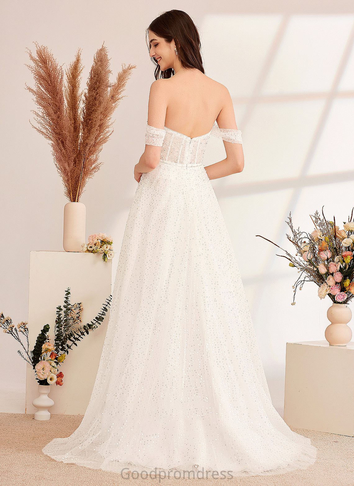 Wedding Dresses Dress A-Line Train With Off-the-Shoulder Janiya Sweep Wedding Sequins