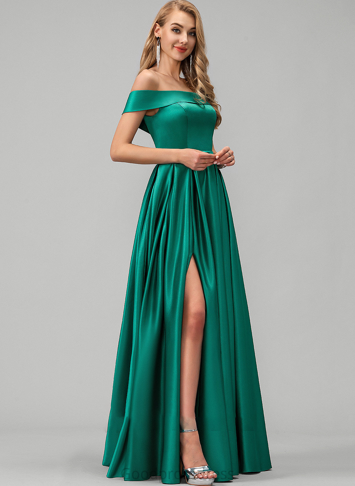 Aileen Satin Floor-Length With Off-the-Shoulder Prom Dresses Front Ball-Gown/Princess Pockets Split