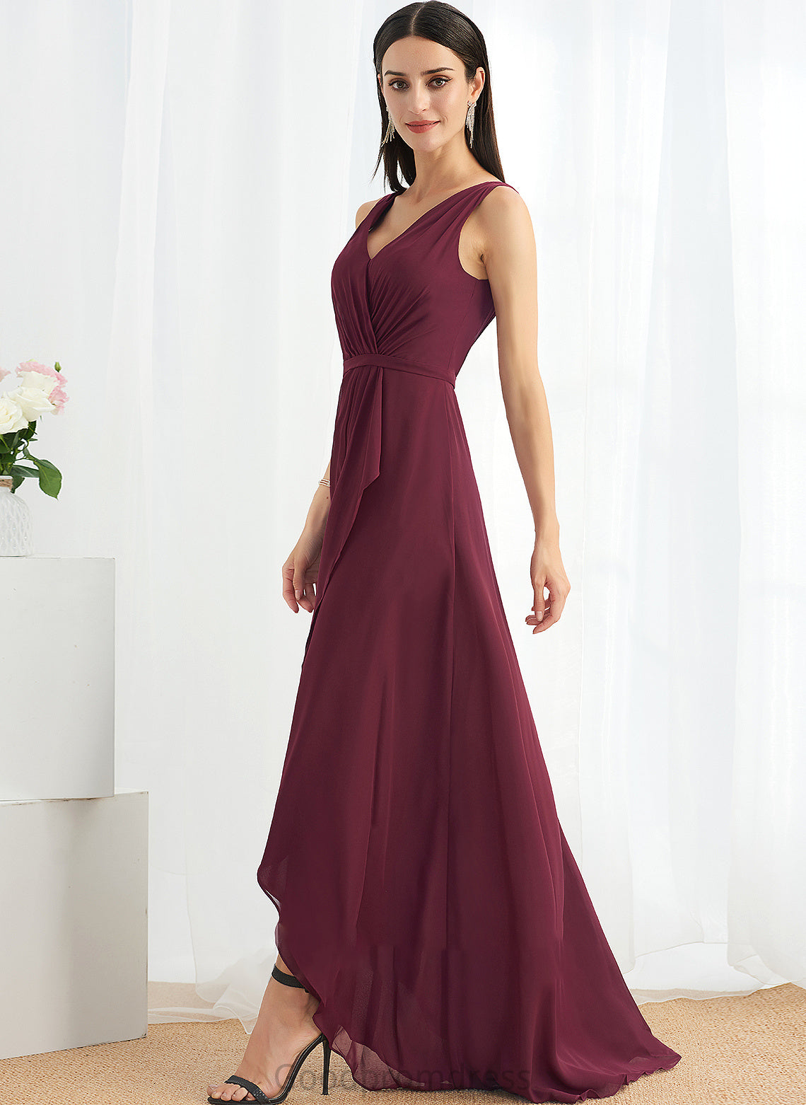 Embellishment SplitFront Length V-neck Silhouette Asymmetrical A-Line Neckline Fabric Ursula V-Neck Floor Length Bridesmaid Dresses