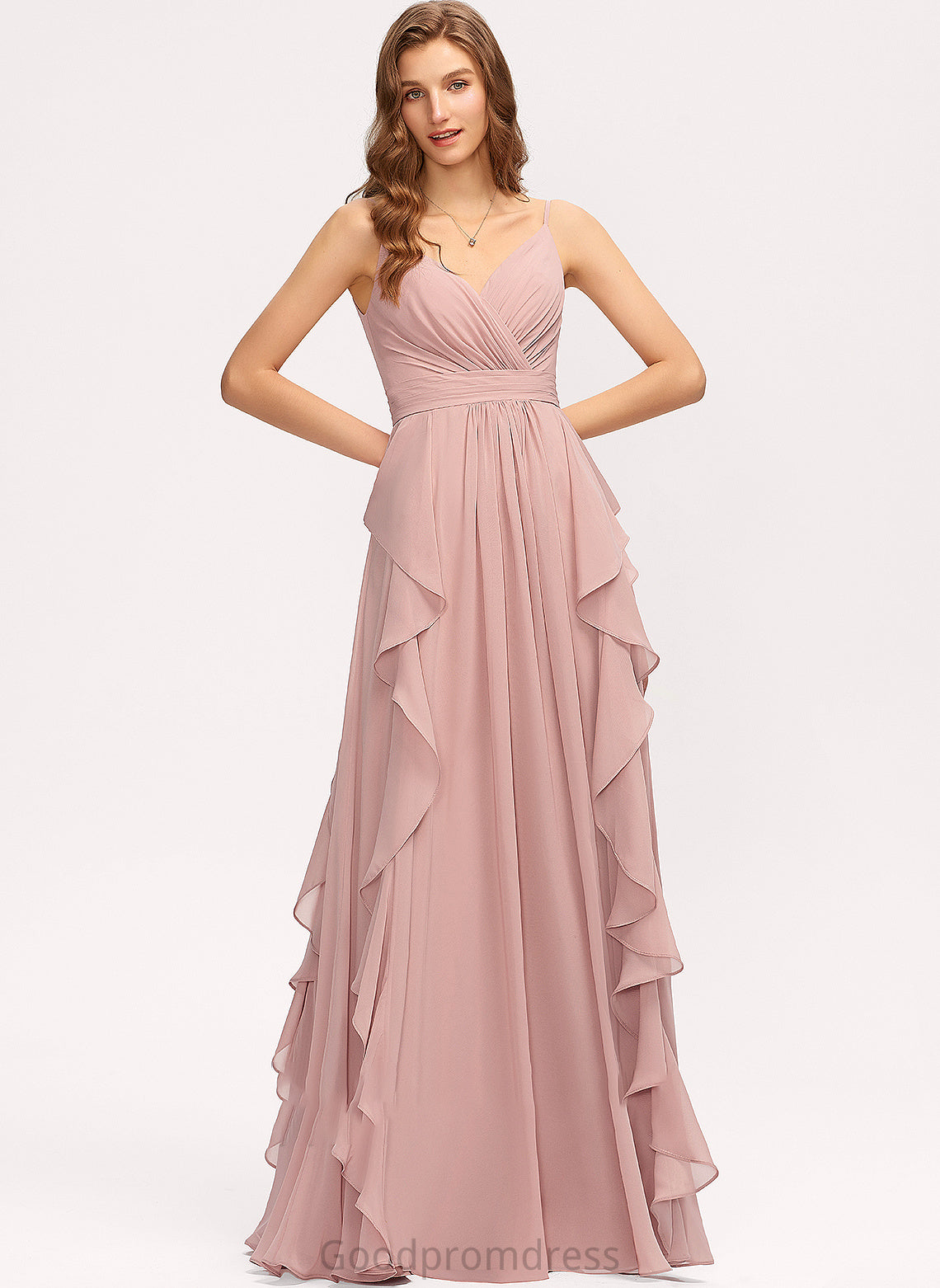 Neckline Embellishment Length Fabric Floor-Length CascadingRuffles A-Line V-neck Ruffle Silhouette Nina A-Line/Princess Bridesmaid Dresses