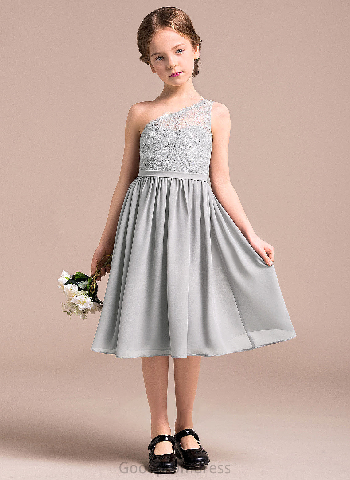 A-Line Chiffon Knee-Length Lace Junior Bridesmaid Dresses Saniyah One-Shoulder