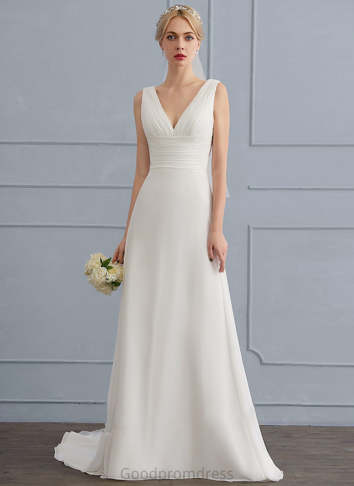 With Dress Wedding A-Line Chiffon Wedding Dresses Sweep Madison Train Ruffle V-neck