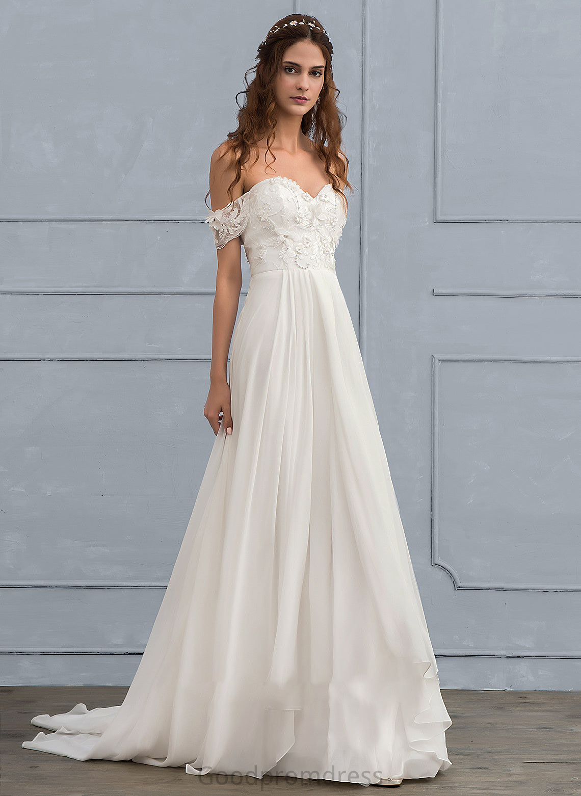 Sweep Chiffon Lace Dress With Shania Train Beading Wedding Dresses A-Line Wedding Flower(s)