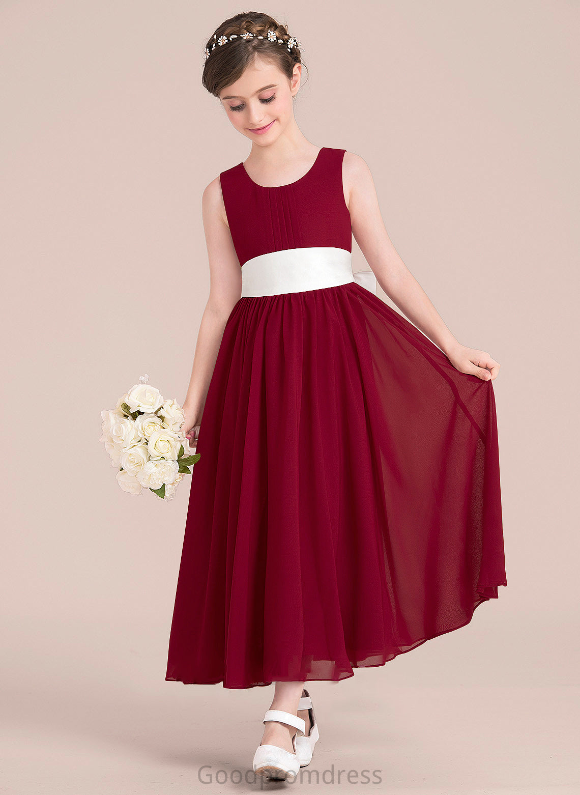 Junior Bridesmaid Dresses Sash Ankle-Length A-Line Scoop With Neck Empire Chiffon Keyla Bow(s)