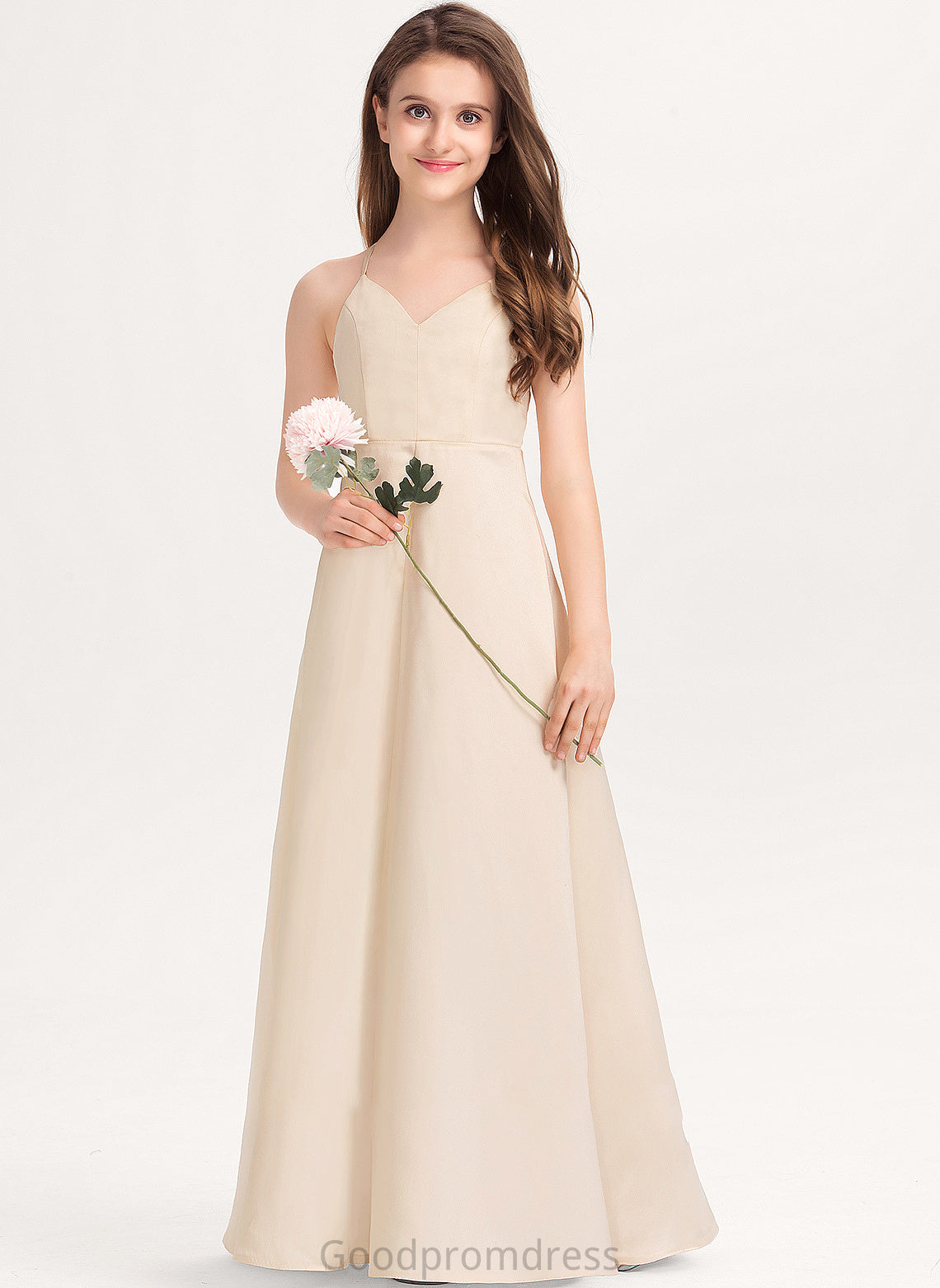 Satin V-neck A-Line Floor-Length Carleigh With Junior Bridesmaid Dresses Pockets