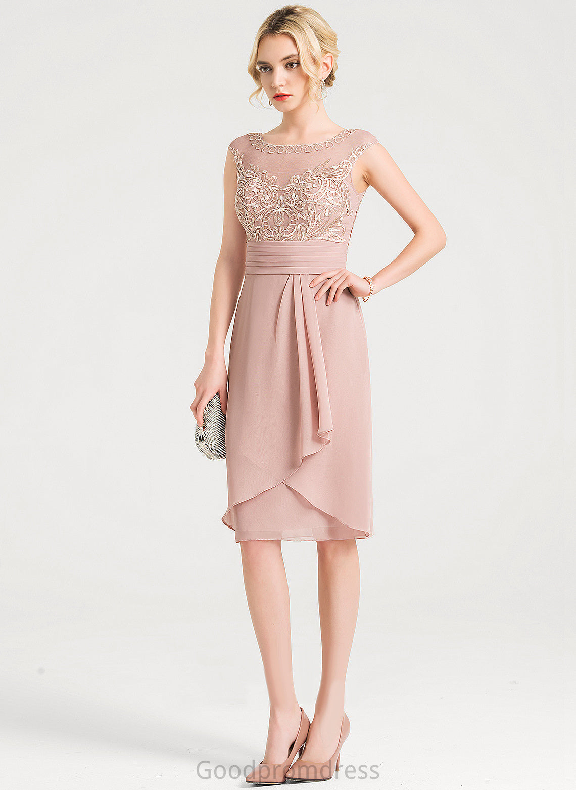 Sheath/Column With Cocktail Dresses Knee-Length Cocktail Cascading Dress Chiffon Lace Crystal Scoop Ruffles Neck