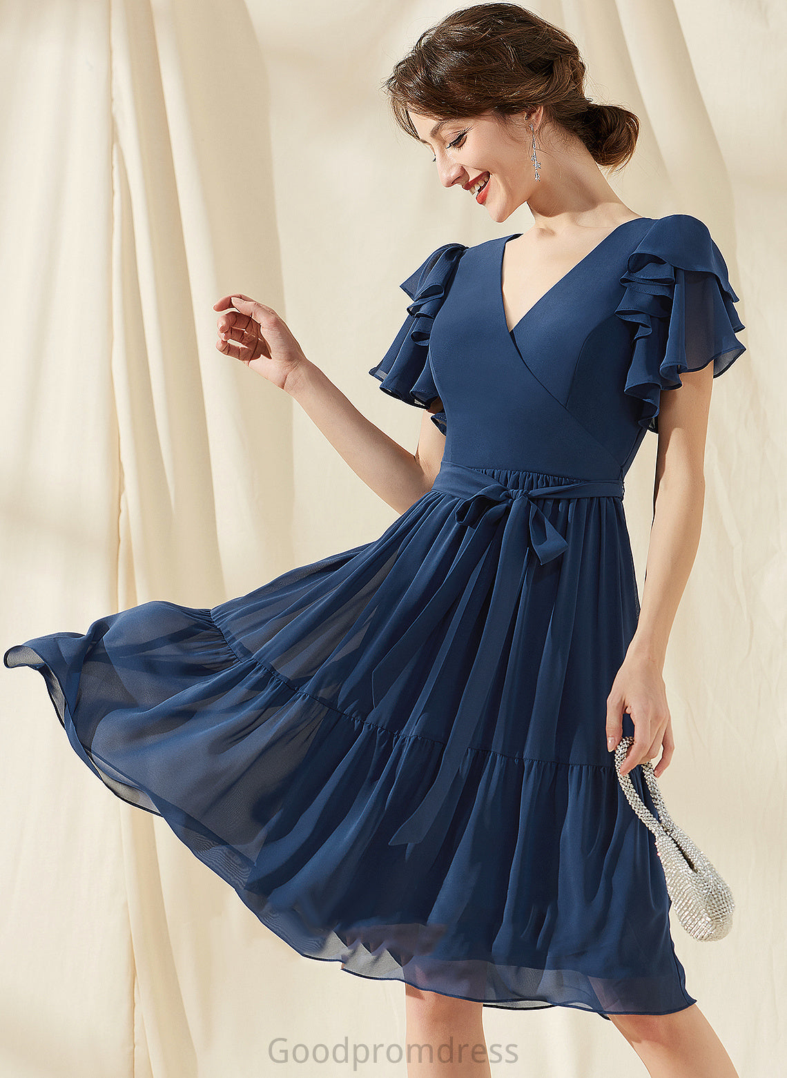 Embellishment Length Neckline Bow(s) CascadingRuffles V-neck A-Line Silhouette Knee-Length Fabric Katelynn Floor Length Bridesmaid Dresses