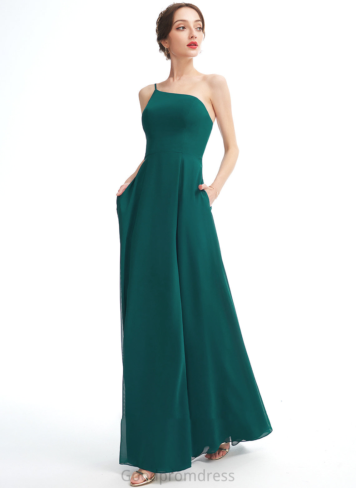 Length A-Line Fabric Silhouette Embellishment One-Shoulder SplitFront Floor-Length Pockets Neckline Ivy Sleeveless Bridesmaid Dresses