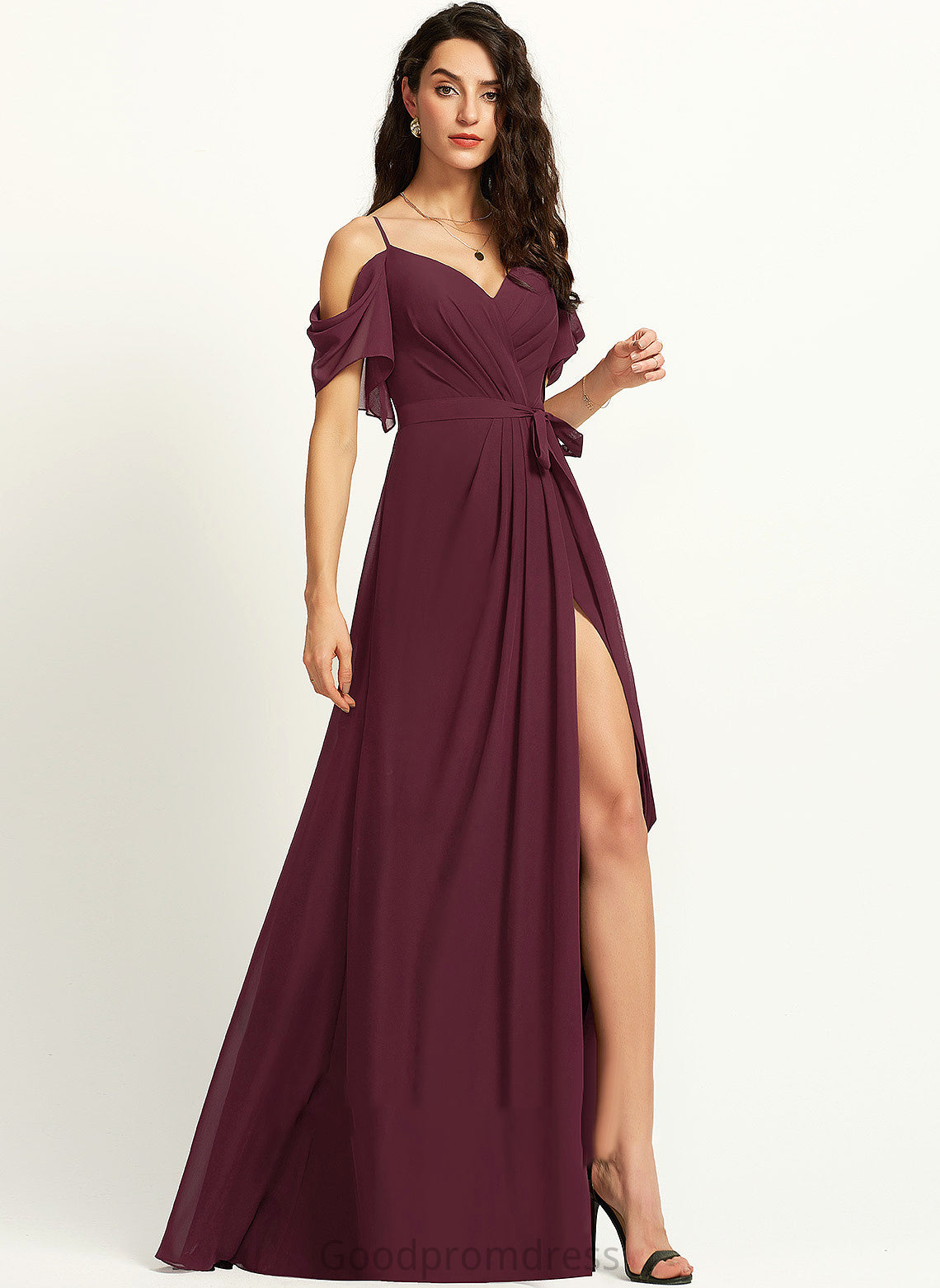 A-Line Front Sophie Prom Dresses V-neck Floor-Length Split With Ruffle