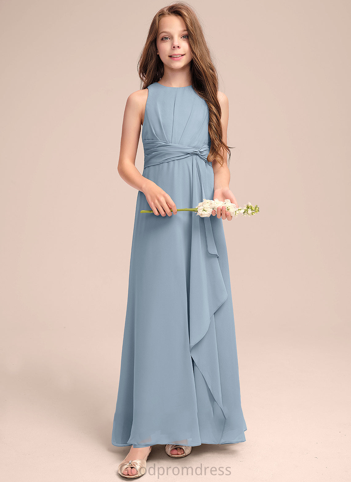 Chiffon Floor-Length Ruffles Cascading Crystal A-Line With Junior Bridesmaid Dresses Scoop Neck