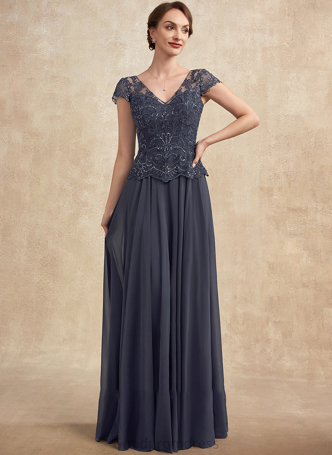 Floor-Length Vera Mother of the Bride Dresses Bride Lace V-neck Dress With Chiffon Mother A-Line Sequins of the