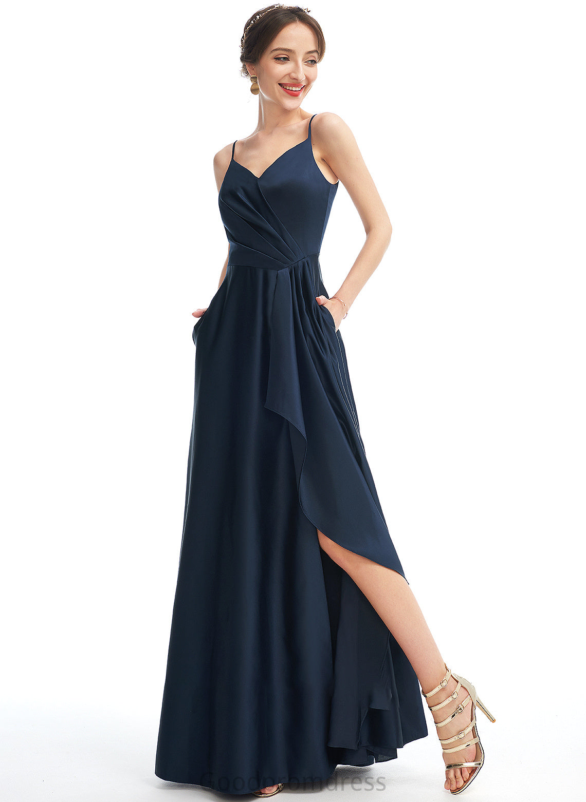 Floor-Length V-neck Fabric Silhouette Length A-Line SplitFront Pockets Embellishment Neckline Aliza A-Line/Princess Bridesmaid Dresses