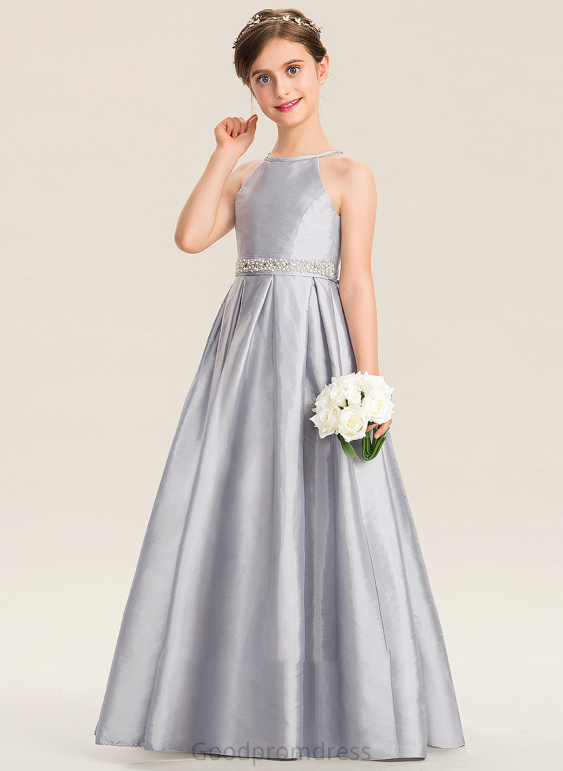 Bow(s) Junior Bridesmaid Dresses Taffeta Floor-Length Beading Neck Penelope With A-Line Scoop