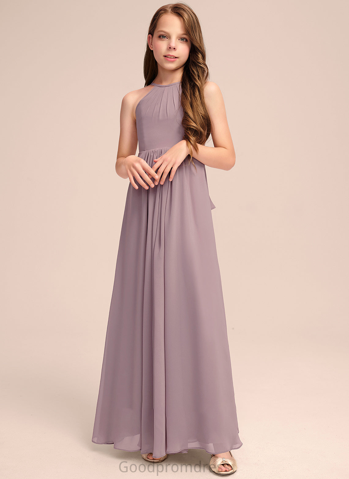 With A-Line Cascading Scoop Lena Floor-Length Junior Bridesmaid Dresses Ruffles Chiffon Neck