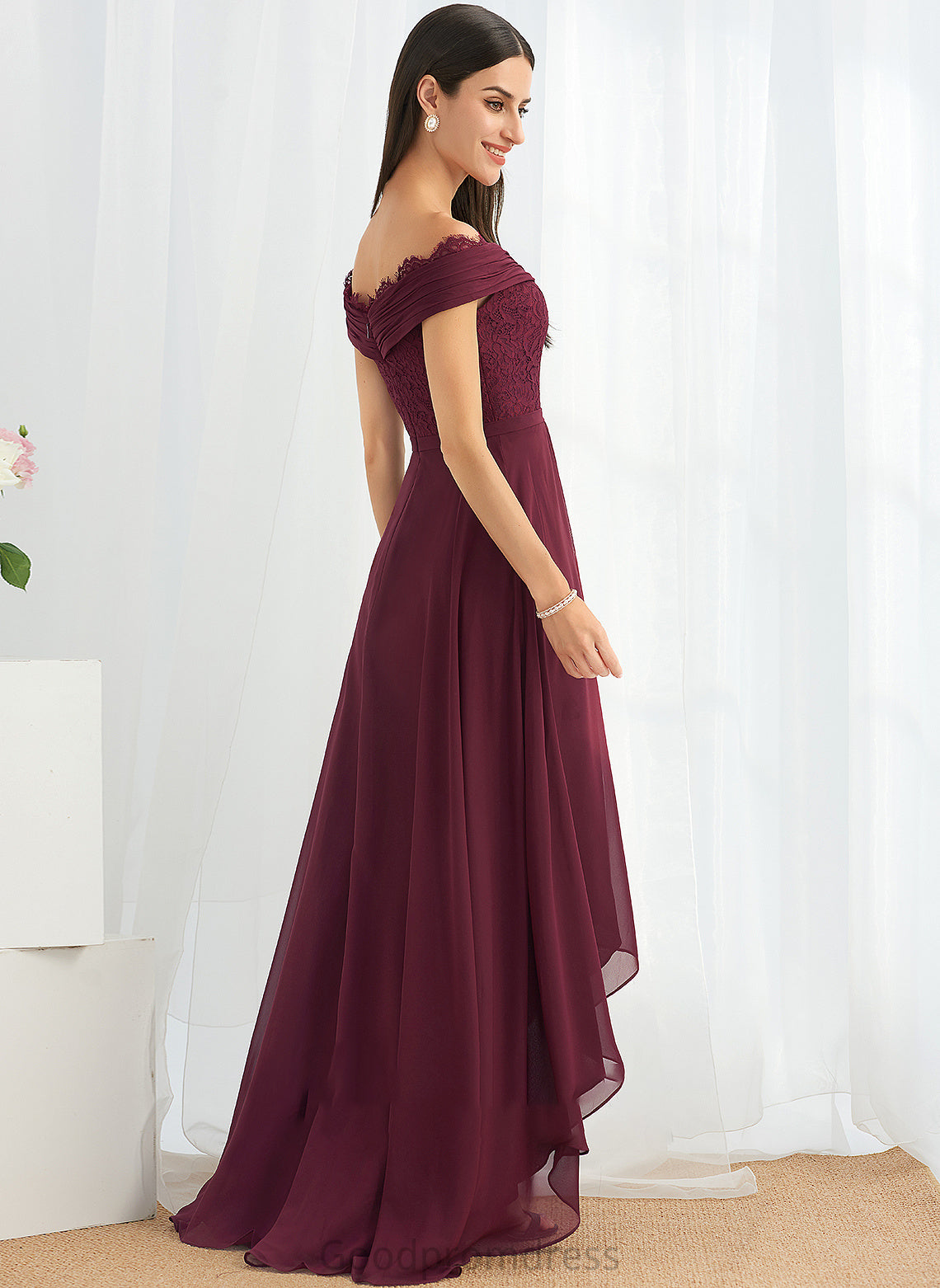 Asymmetrical Fabric Silhouette Off-the-Shoulder Length Neckline Embellishment A-Line Lace Mylee Sleeveless A-Line/Princess Bridesmaid Dresses