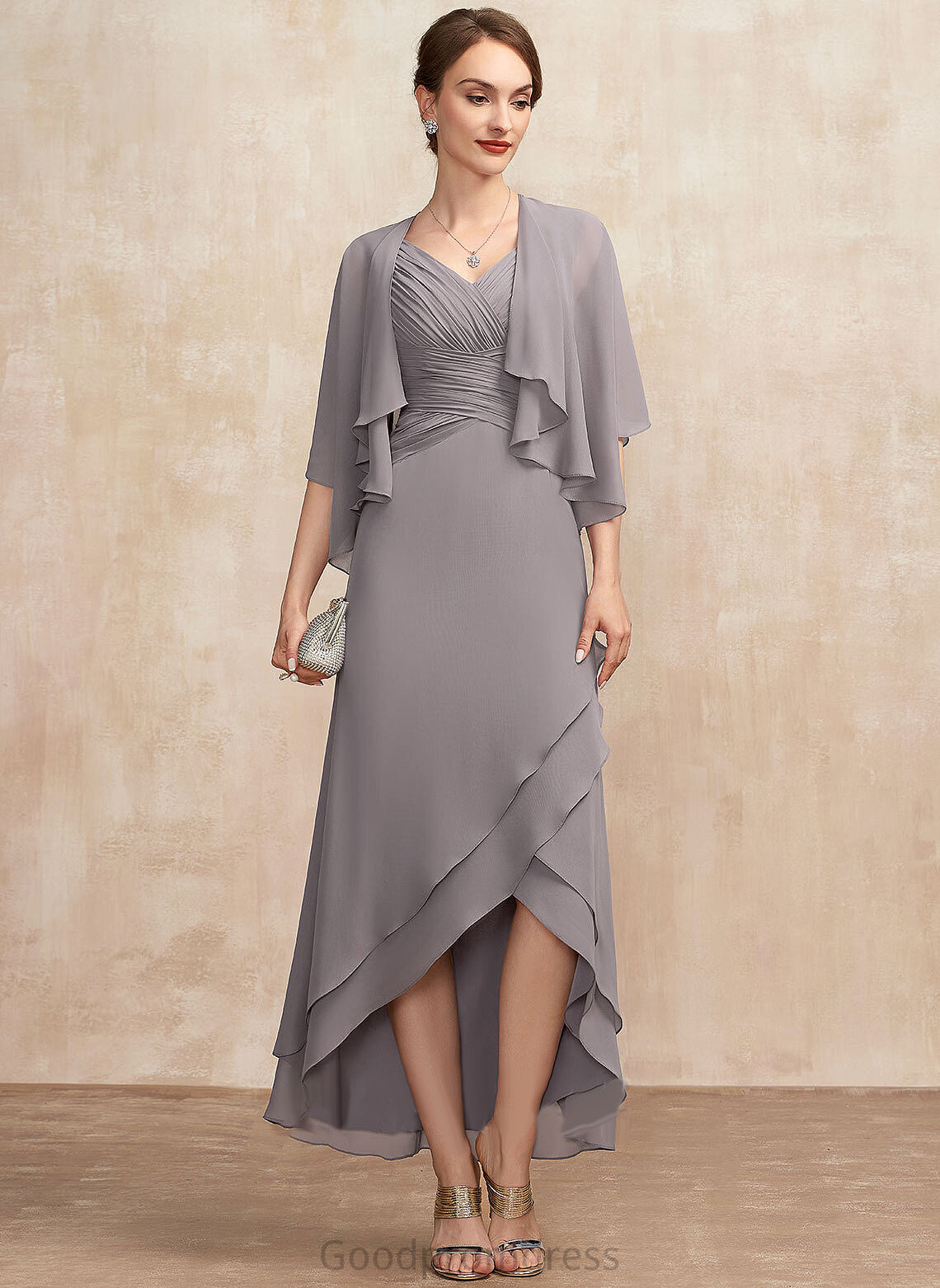 Bride the With Chiffon A-Line Mother V-neck Dress Makaila of Ruffle Asymmetrical Mother of the Bride Dresses