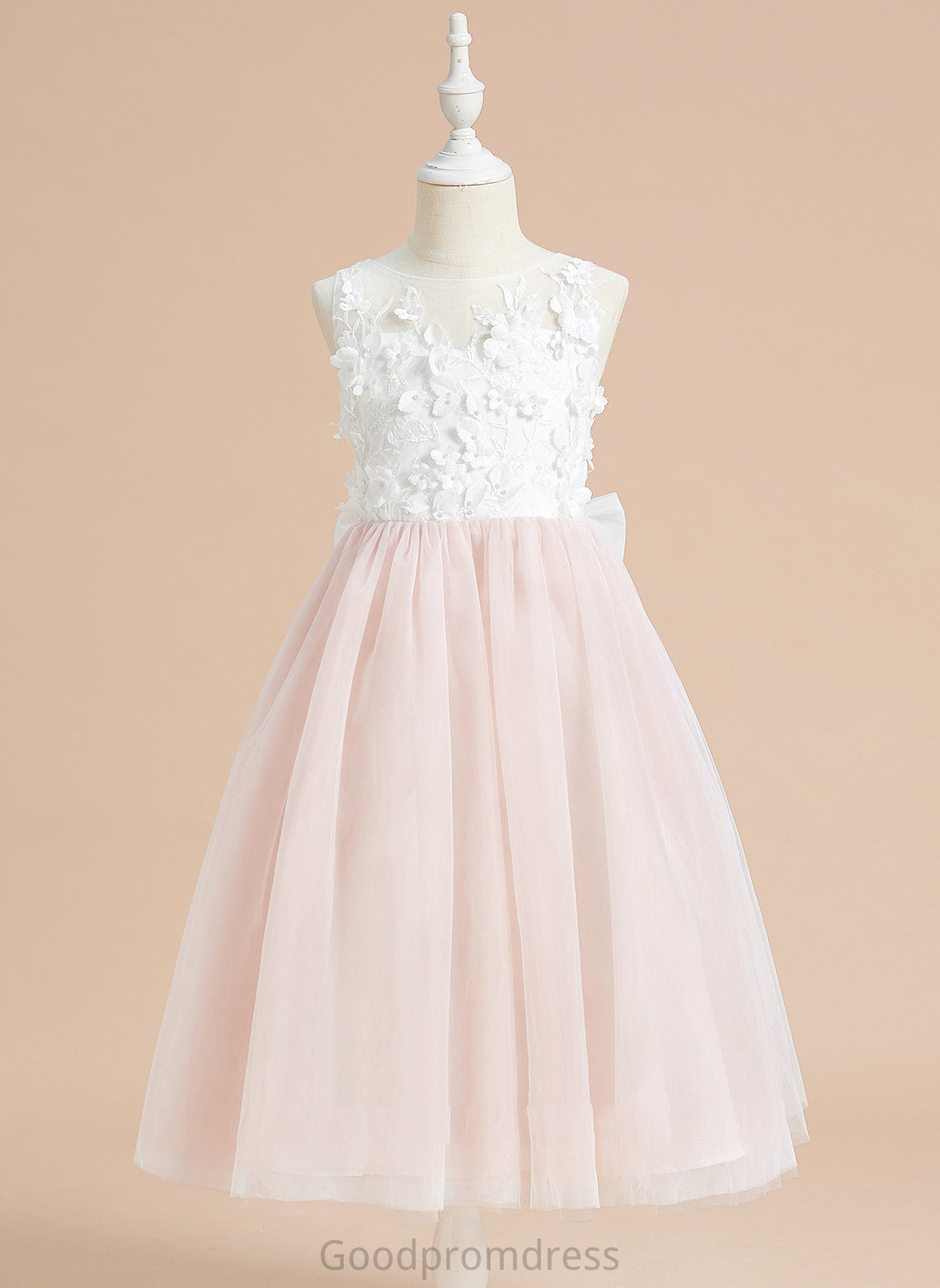 With Lace/Flower(s)/Bow(s) Tea-length Girl Dress Neck - Flower A-Line Scoop Flower Girl Dresses Tulle Sleeveless Karlee