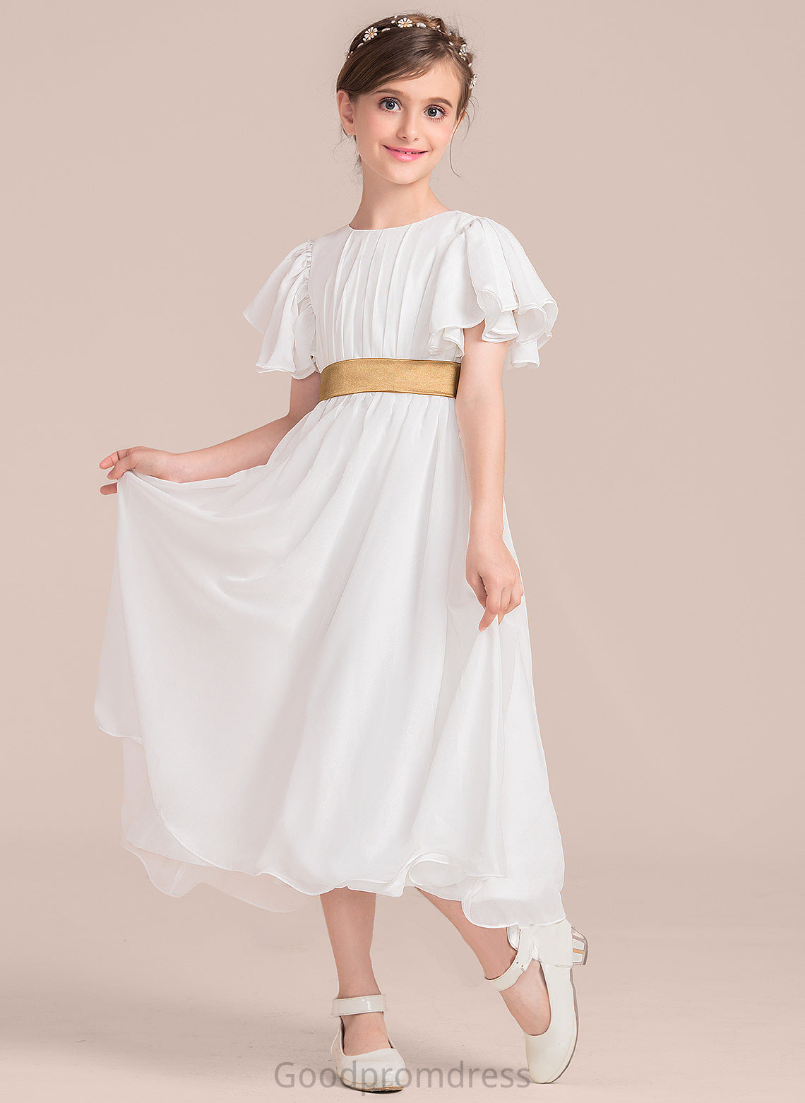 Tea-Length Neck Charlee With Ruffle Junior Bridesmaid Dresses A-Line Sash Chiffon Scoop