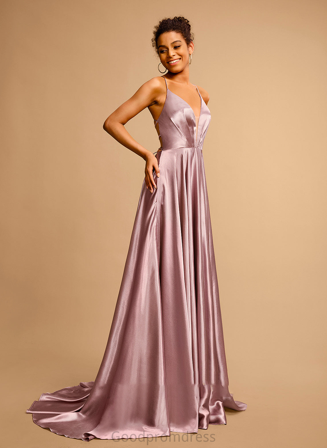 Ball-Gown/Princess Sweep Marian Satin Train V-neck Prom Dresses