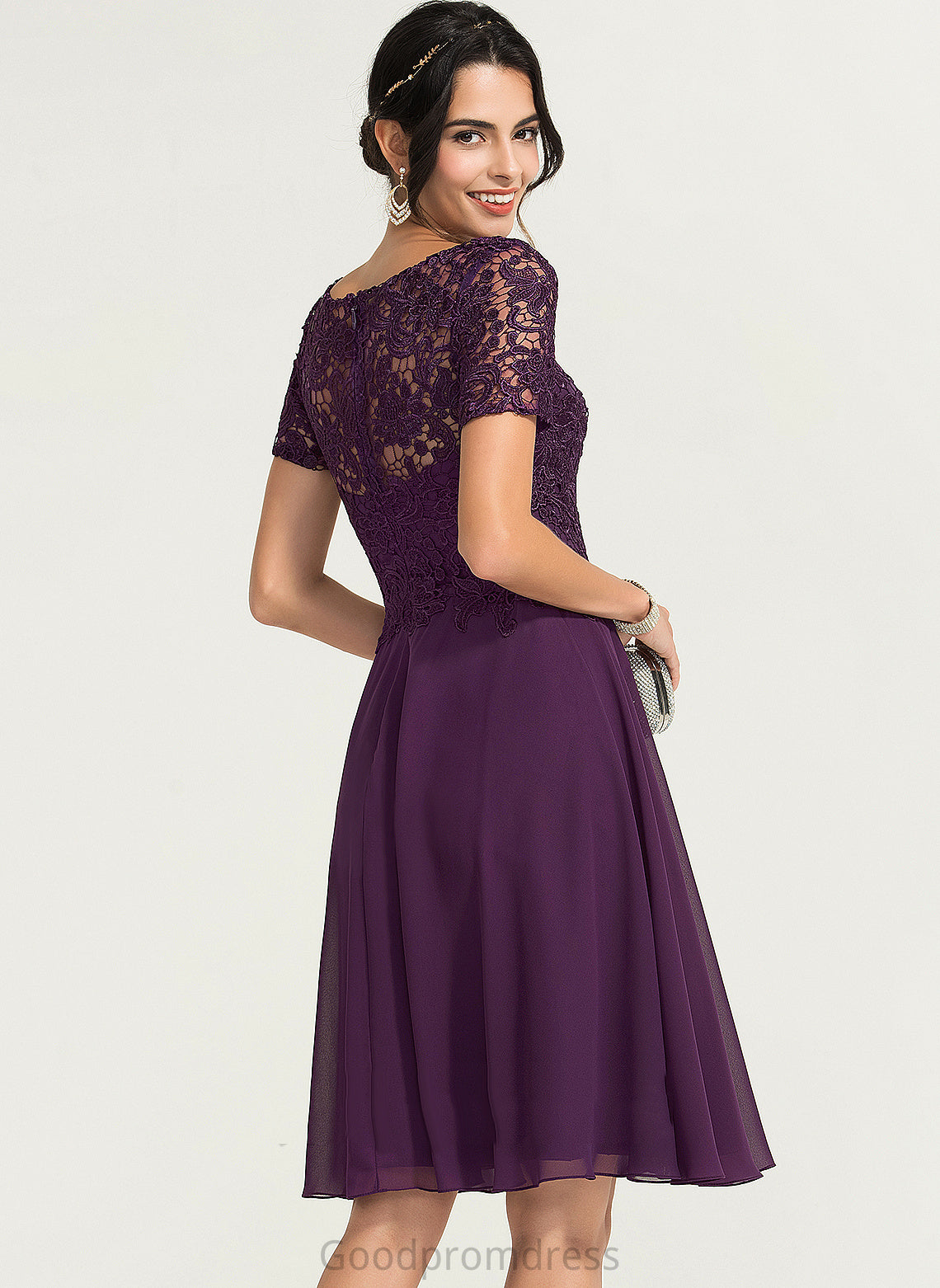 Rebecca Cocktail Chiffon Neck Cocktail Dresses Dress A-Line Lace Scoop Knee-Length