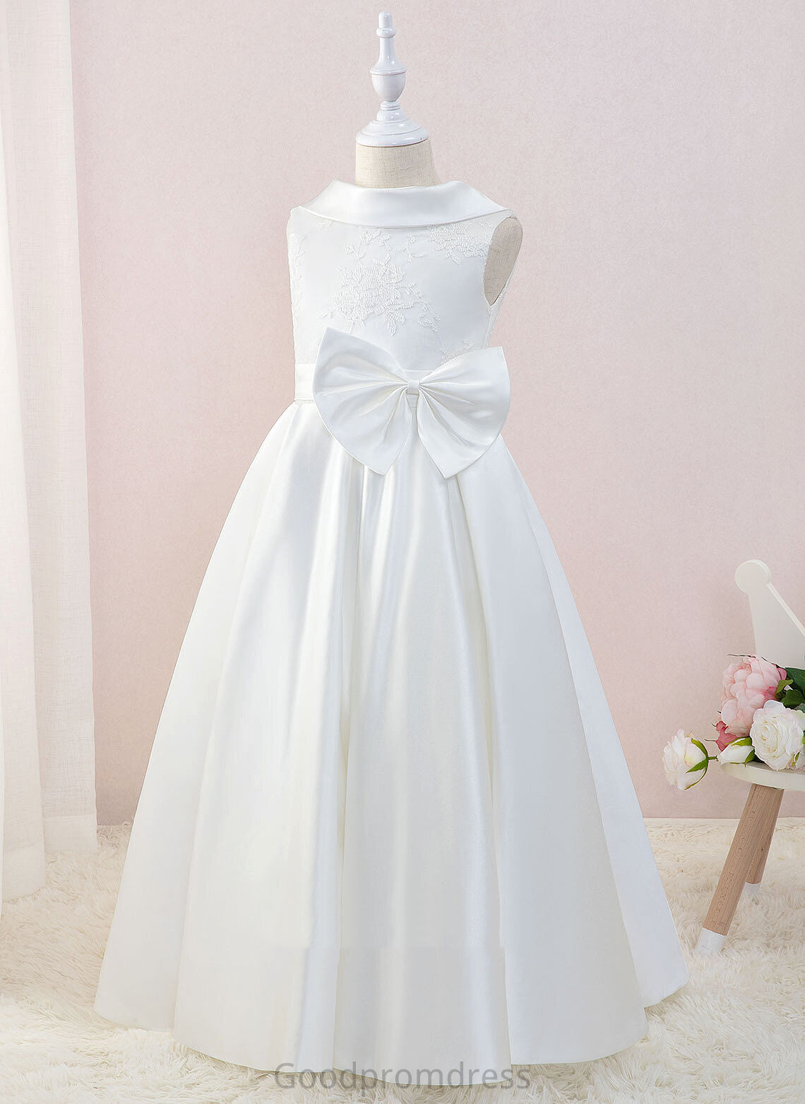 Floor-length Flower Sleeveless Dress Girl Neck - Ball-Gown/Princess With Aiyana Scoop Flower Girl Dresses Bow(s) Satin/Lace