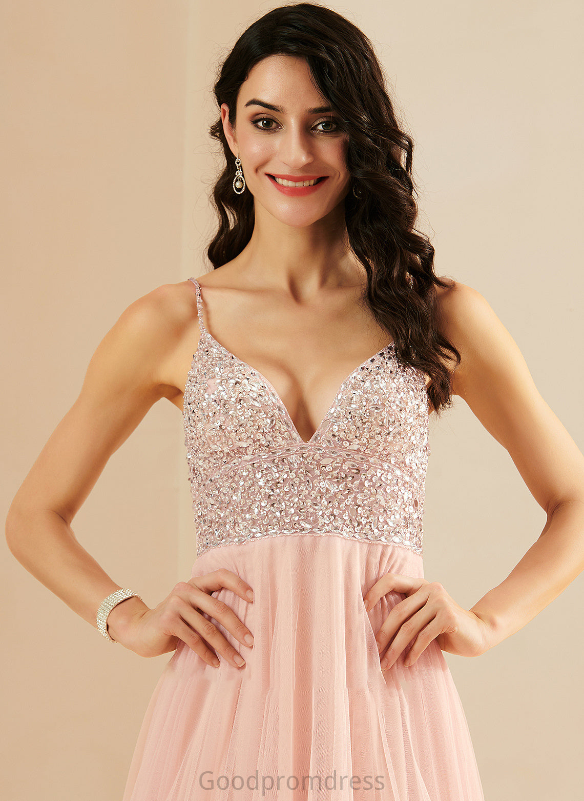 A-Line With Floor-Length V-neck Beading Sequins Selina Tulle Prom Dresses