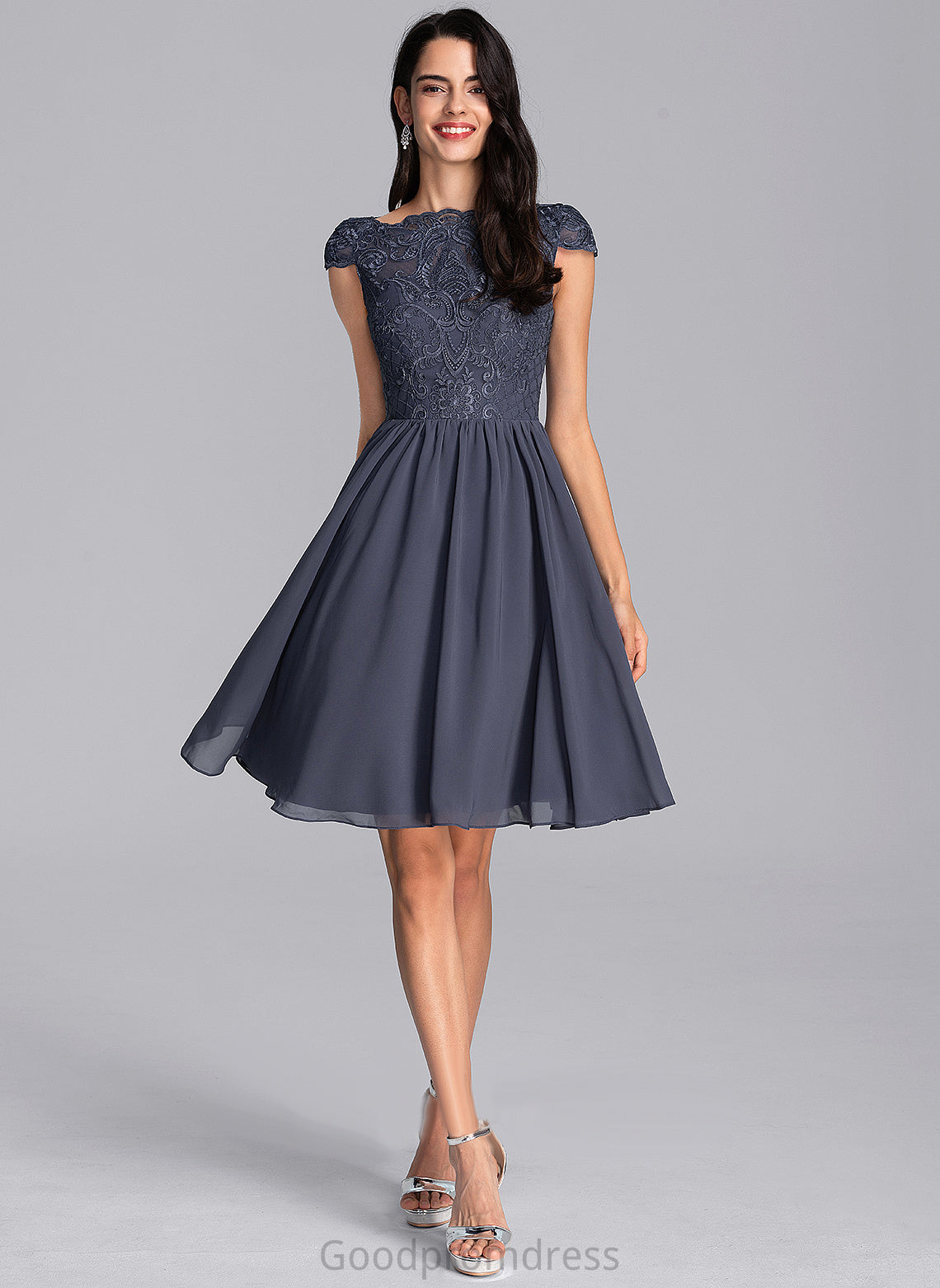 A-Line Scoop Cocktail Cocktail Dresses Dress Chiffon Neck Lace Toni Knee-Length