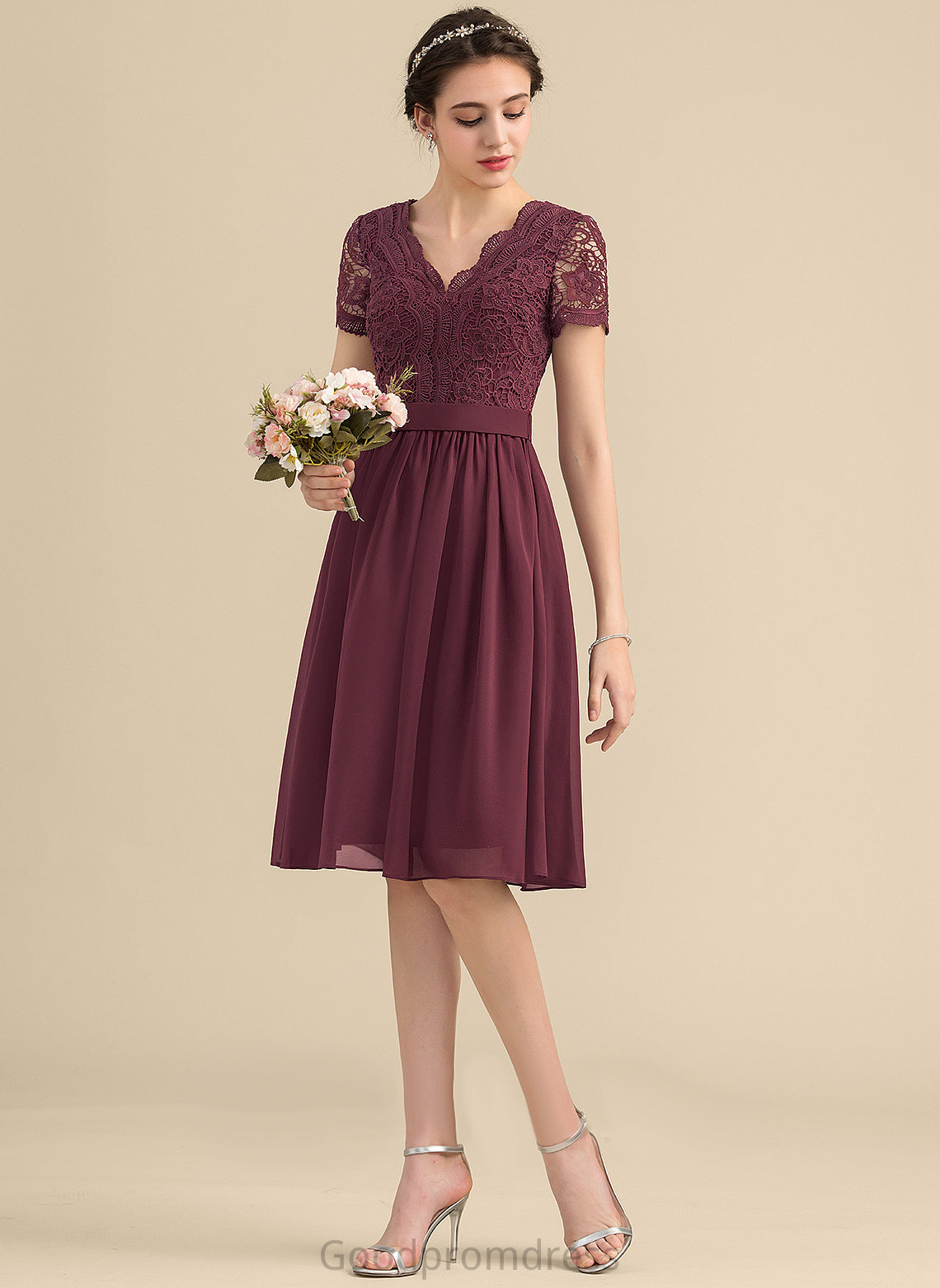 Neckline A-Line Silhouette Embellishment Lace V-neck Length Knee-Length Fabric Carley Spaghetti Staps Natural Waist Bridesmaid Dresses