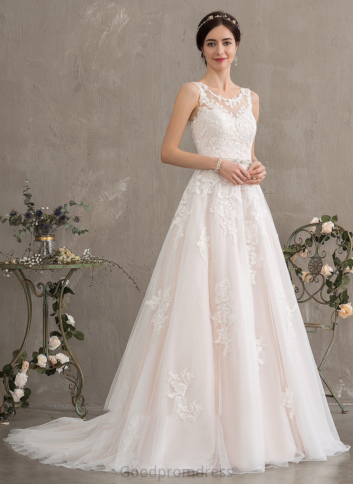 Tulle Beading Scoop Ball-Gown/Princess Train Wedding Dresses Sequins Neck Caroline Wedding With Dress Court