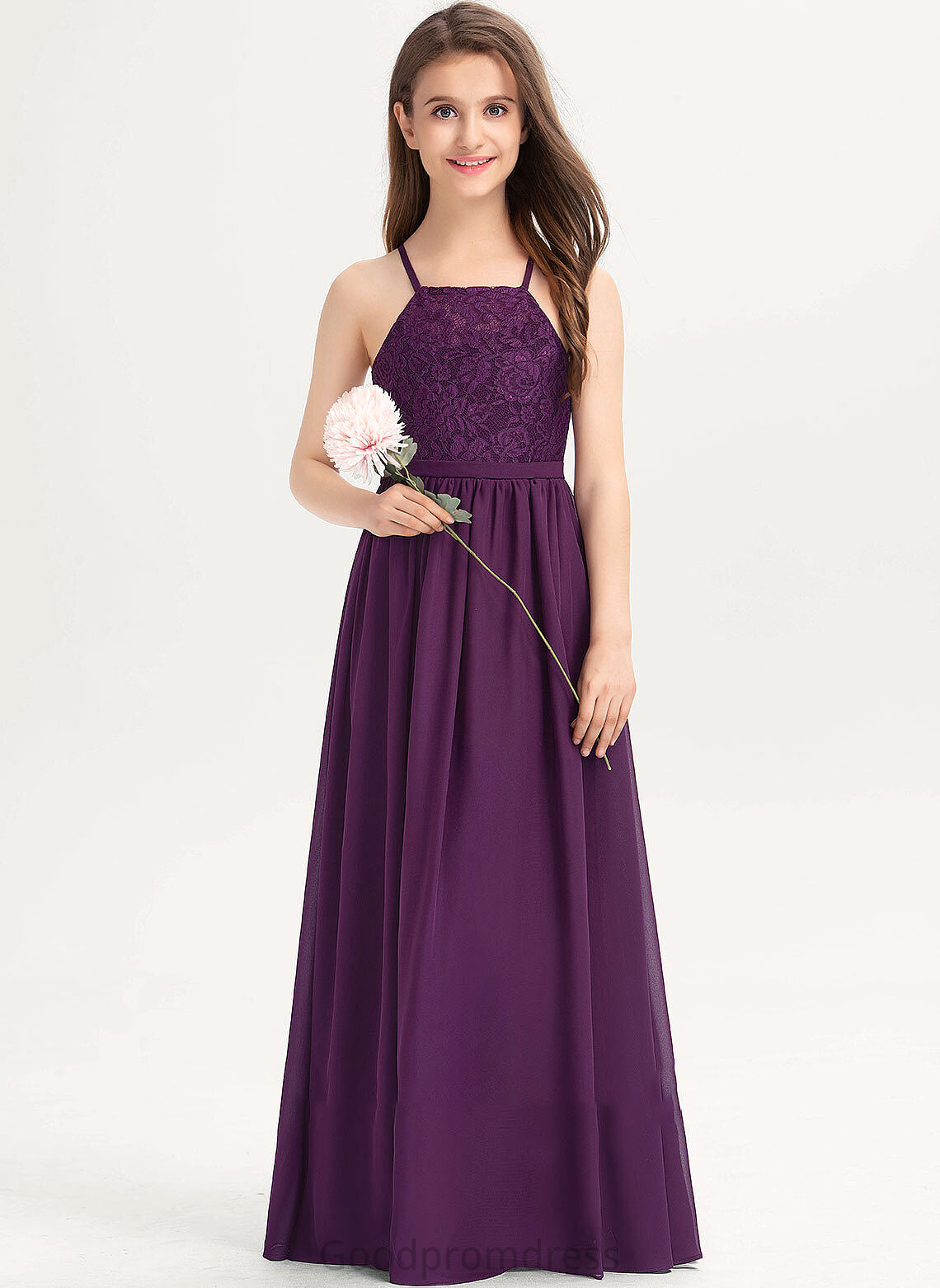 Lace Square Chiffon Junior Bridesmaid Dresses With Floor-Length Neckline Bow(s) Celia A-Line