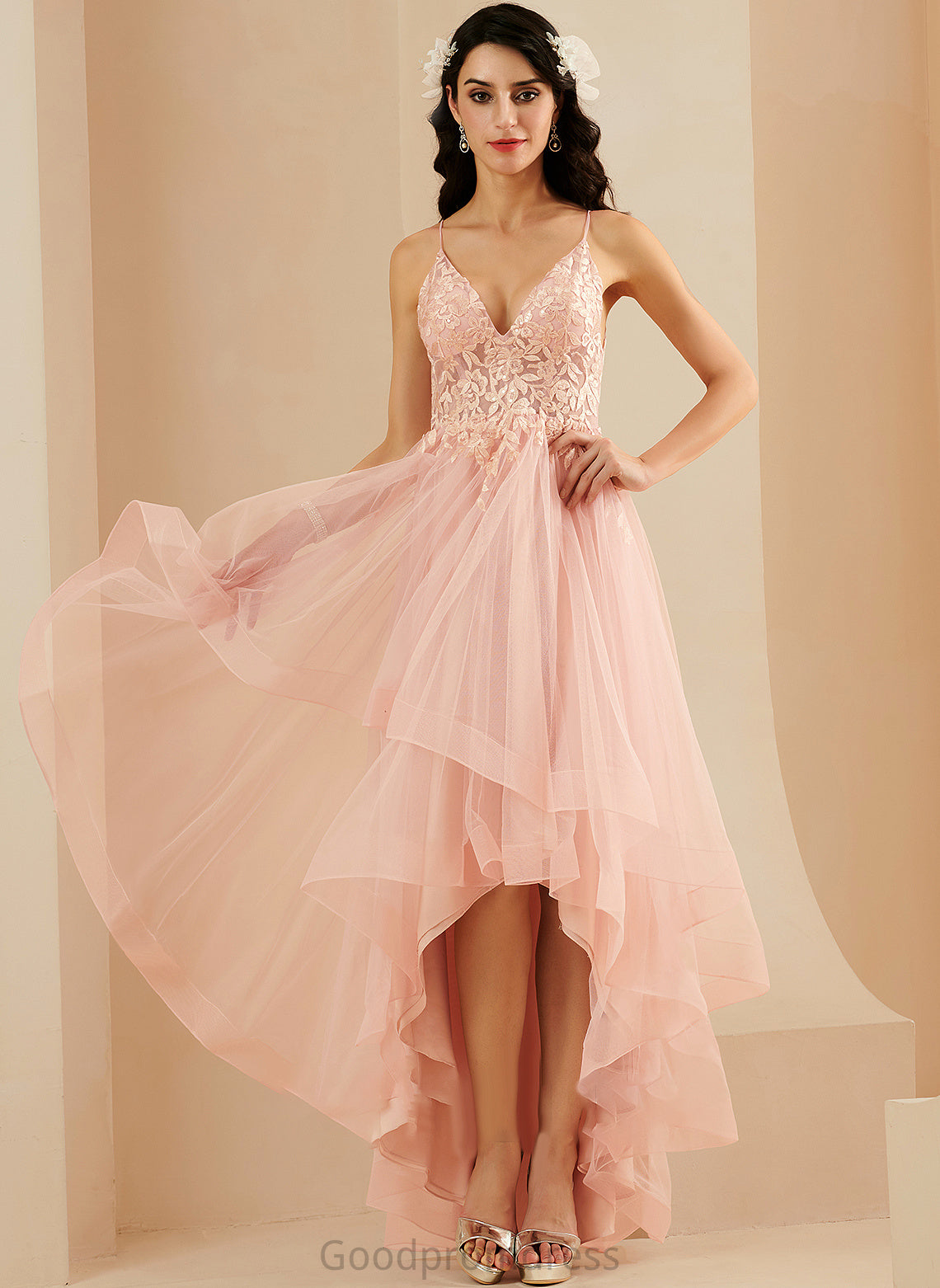 Lace Prom Dresses Asymmetrical Tulle Monique Ball-Gown/Princess V-neck With