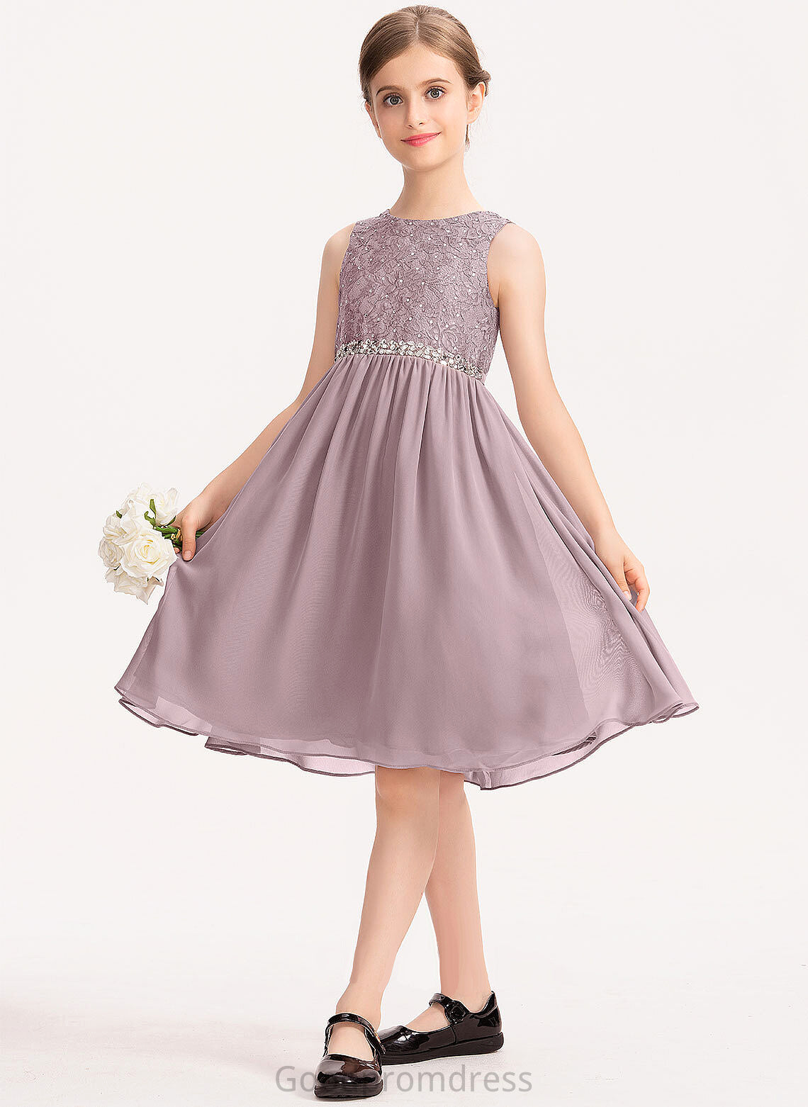 Bow(s) Nayeli Beading A-Line With Chiffon Neck Scoop Knee-Length Junior Bridesmaid Dresses Lace