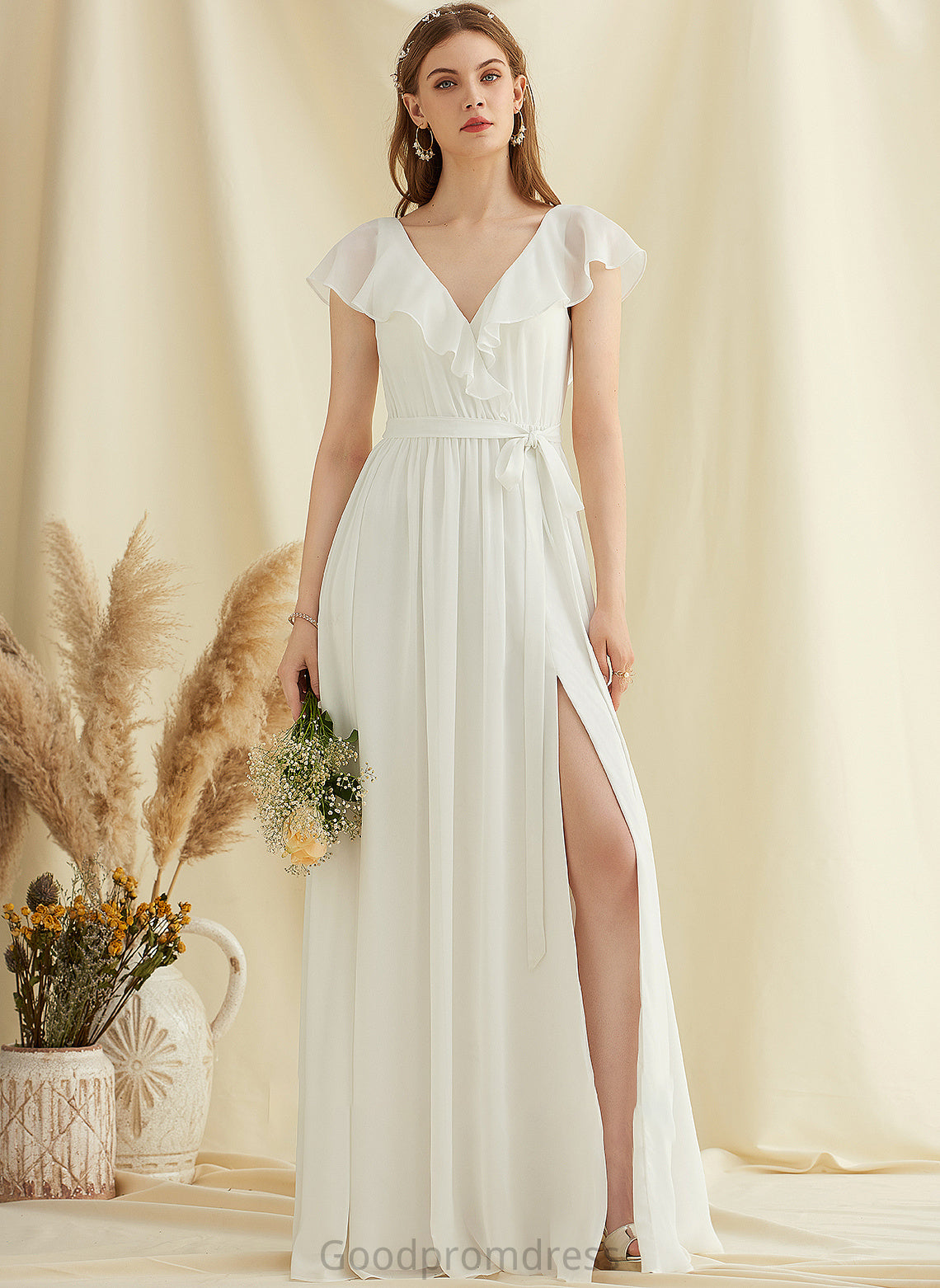 Ruffles Wedding Miah Cascading V-neck Chiffon Dress Front Split A-Line With Wedding Dresses Floor-Length